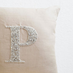 Customized Silver Sequin Monogram Pillow Cover On Beige Gray Linen
