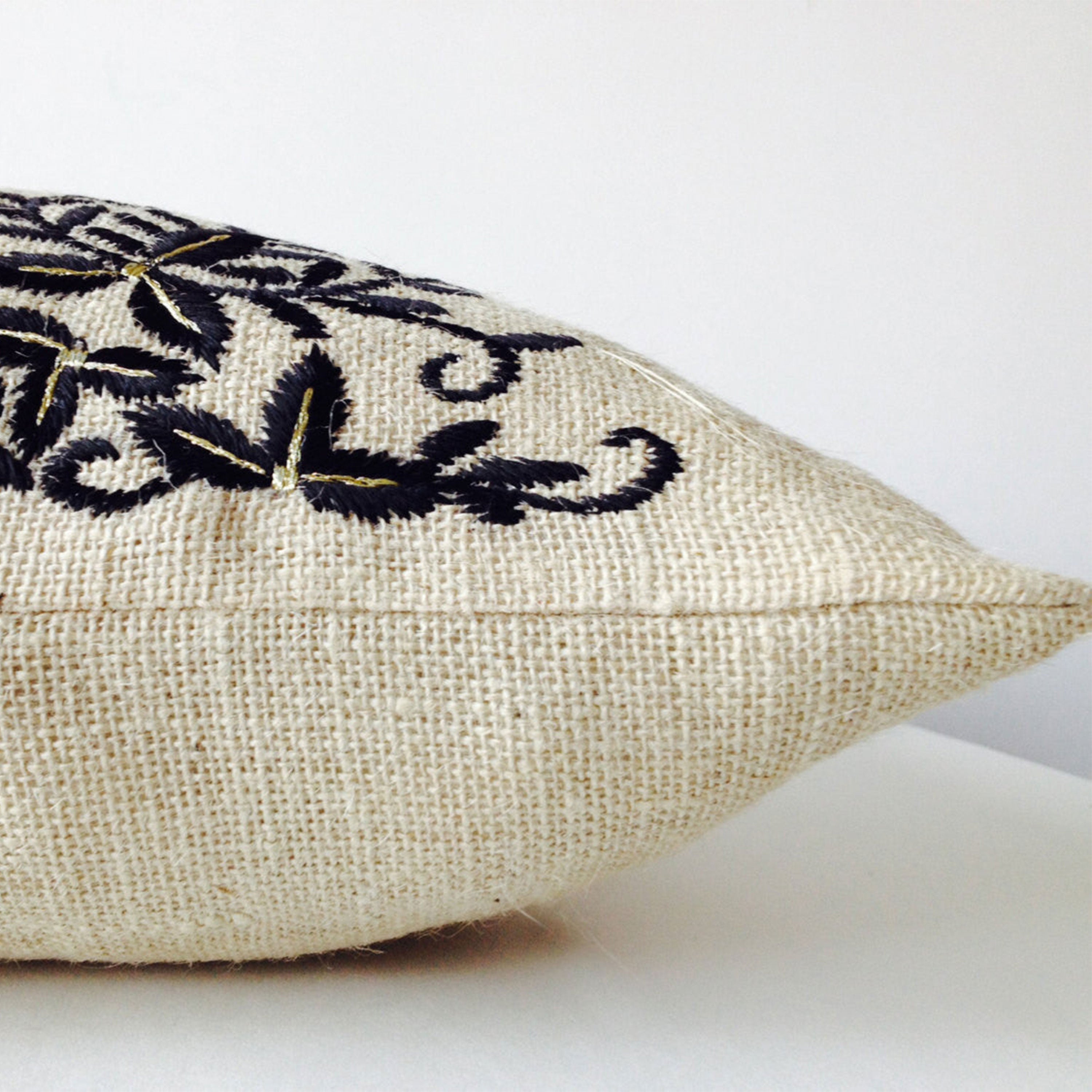Ivory Burlap Throw Pillows- Embroidered Pillow Covers- Black flower leaves pillow Case-Modern Pillow -Floral Cushion -Gift -Bedding -16x16
