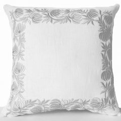Decorative Throw Pillow Case in White Linen with Flower Embroidery - Cushion in Floral Detail - Anniversary Wedding Bridesmaid Gifts - 16x16