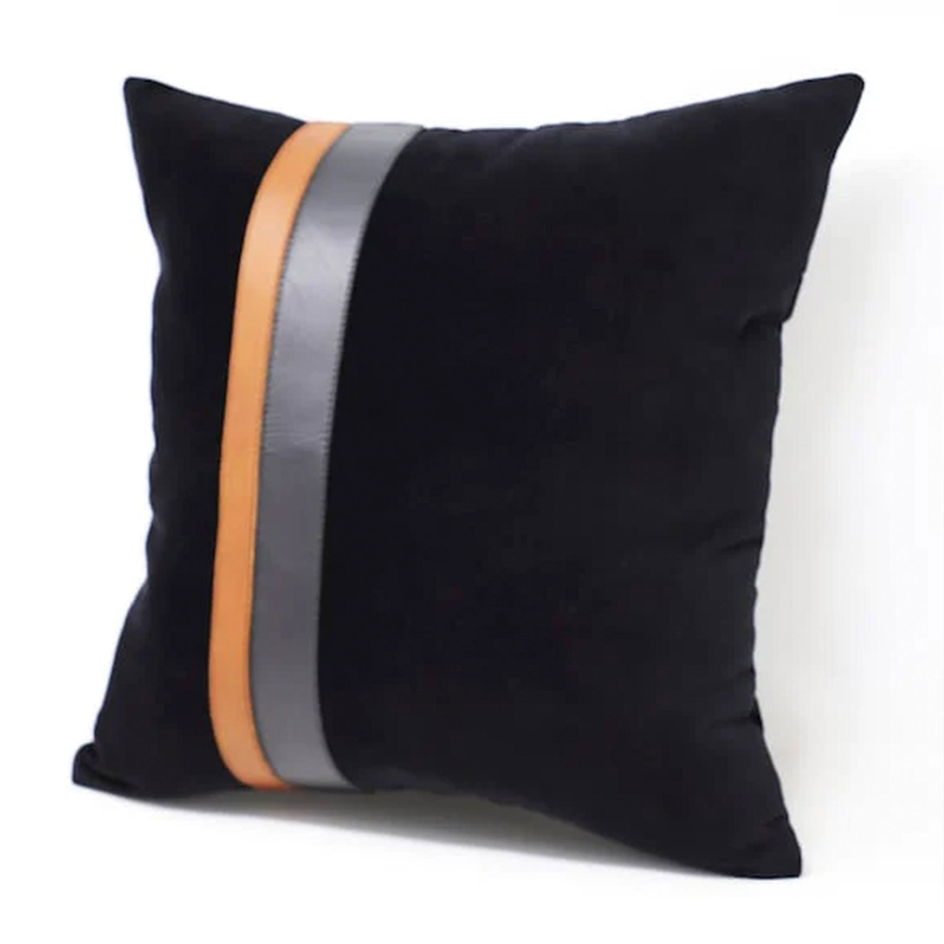Leather Color Block Pillow Cover, Black Velvet With Tan and Black Leather Color Block