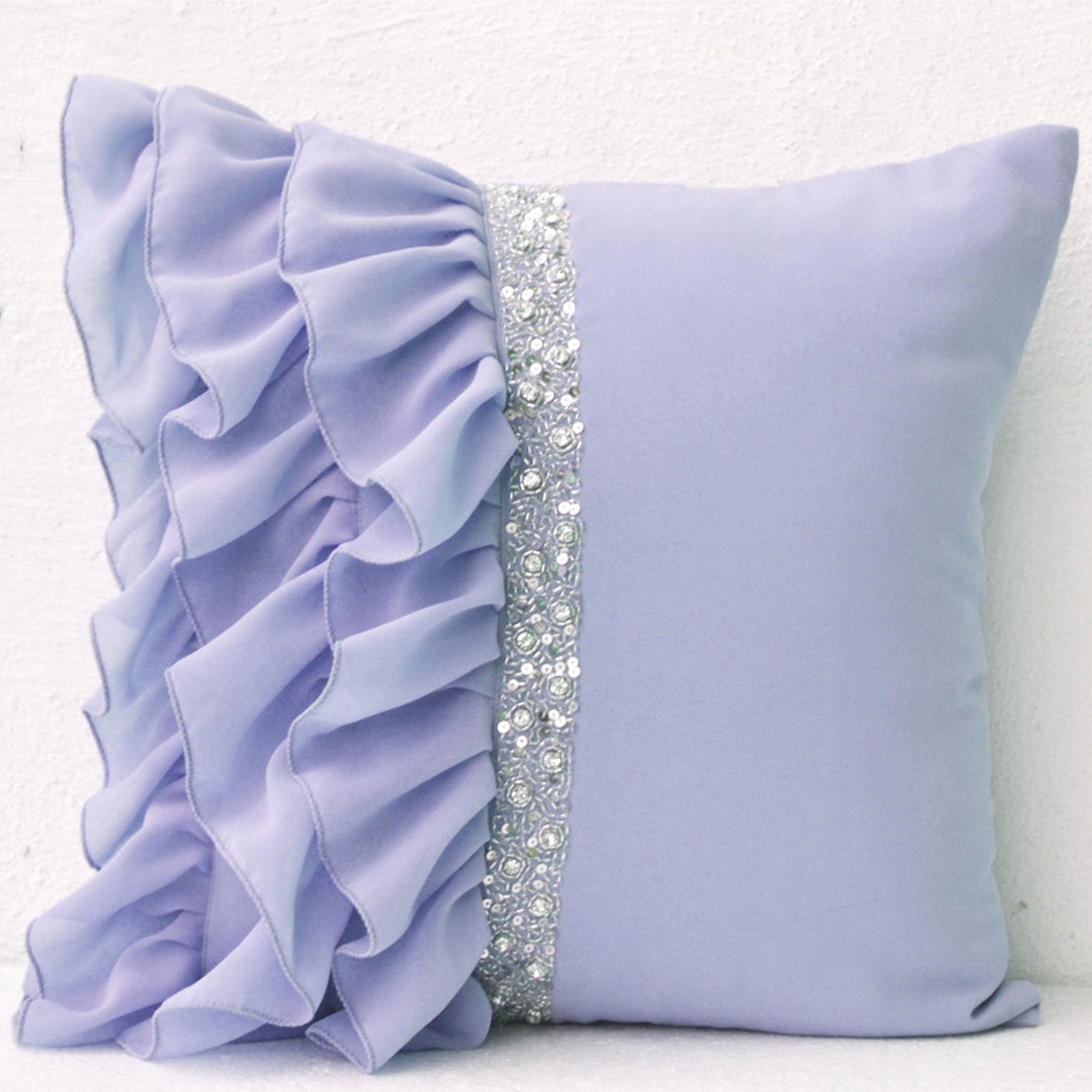 Designer Pillow Cover In Lilac With Ruffles And sequins Gift Pillow Accent Pillow