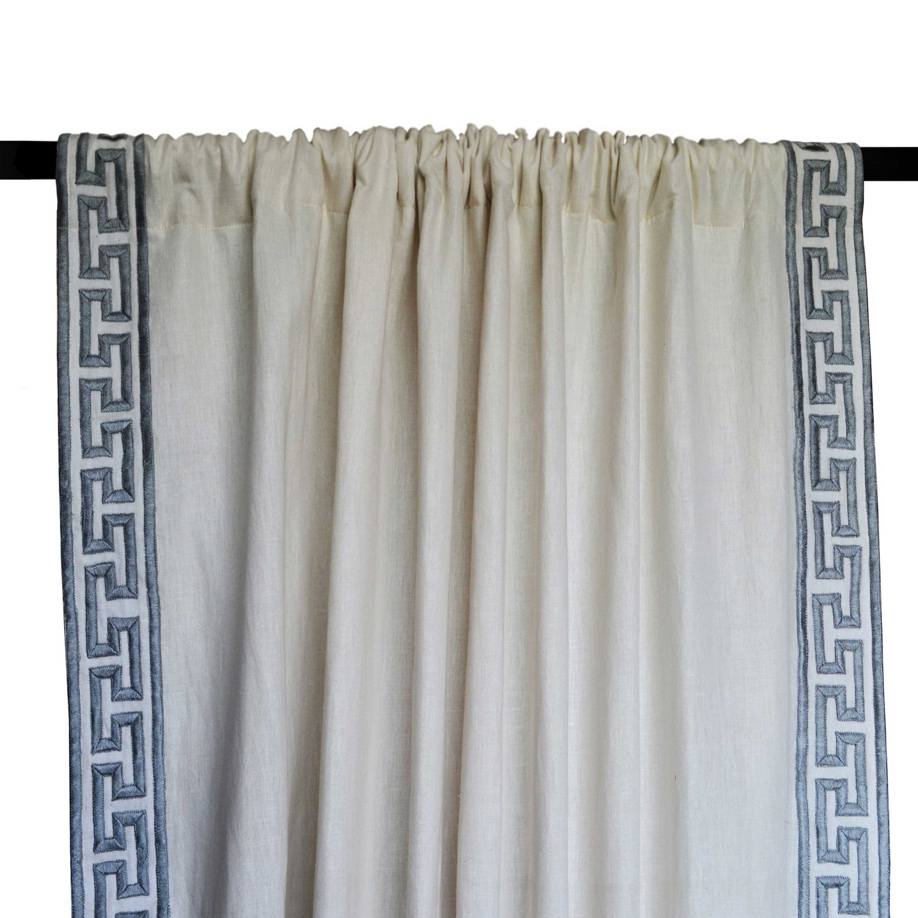 Ivory Linen Curtain With Gray Greek Key Embroidery On Either Side