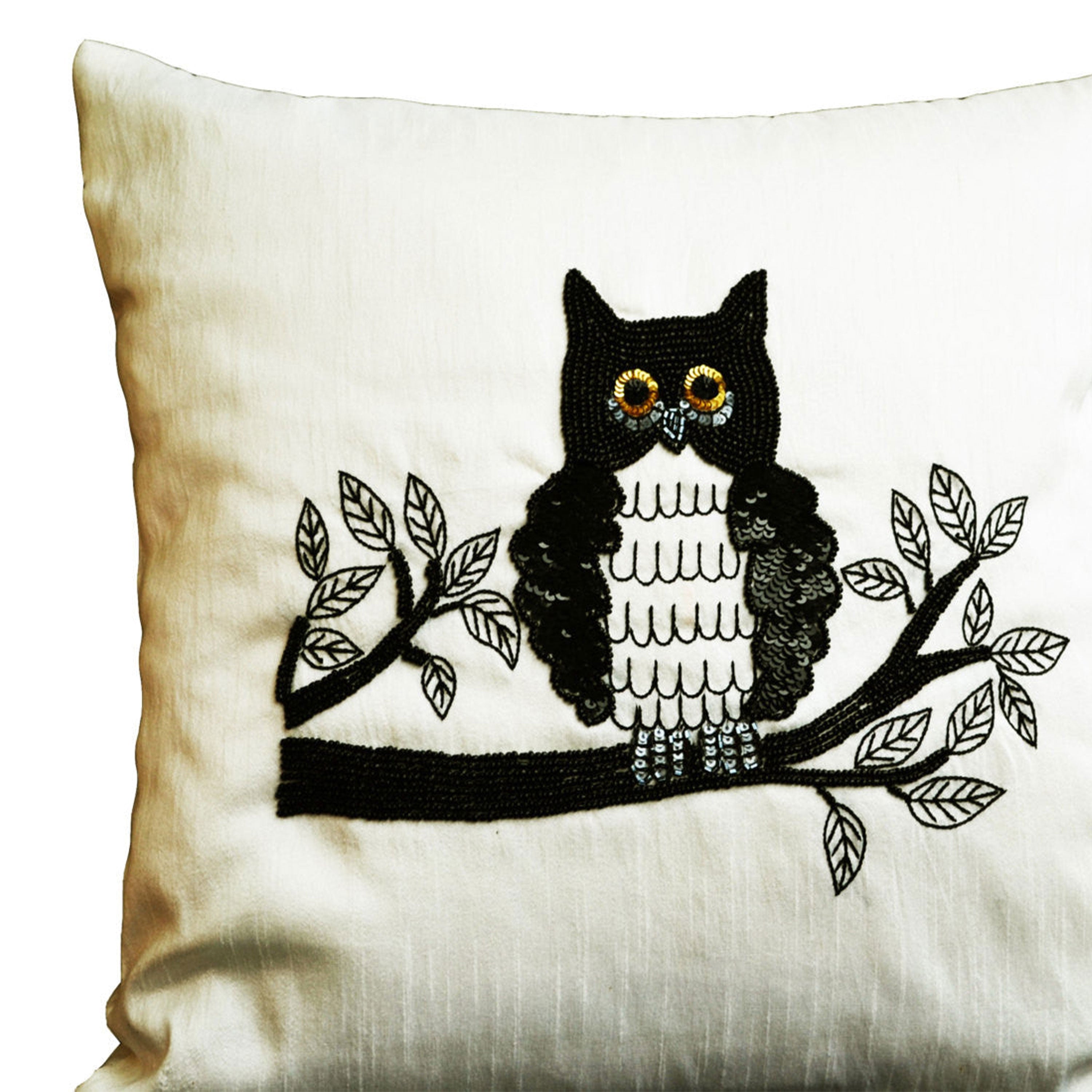 Decorative throw pillows with Owl embroidery- Ivory silk owl pillow - Animal pillow - Sequin cushion -16x16 pillows -  black white pillow