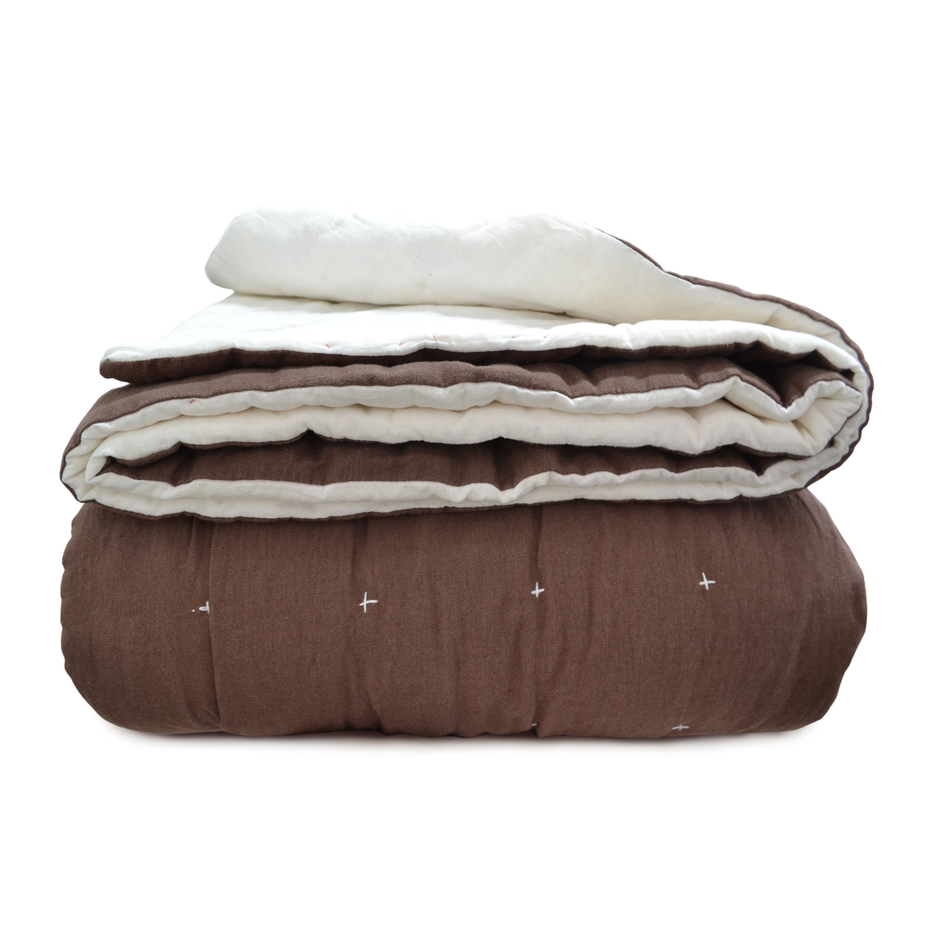 Handmade Brown Linen Quilt: European Flax & Hand-Stitched Detail