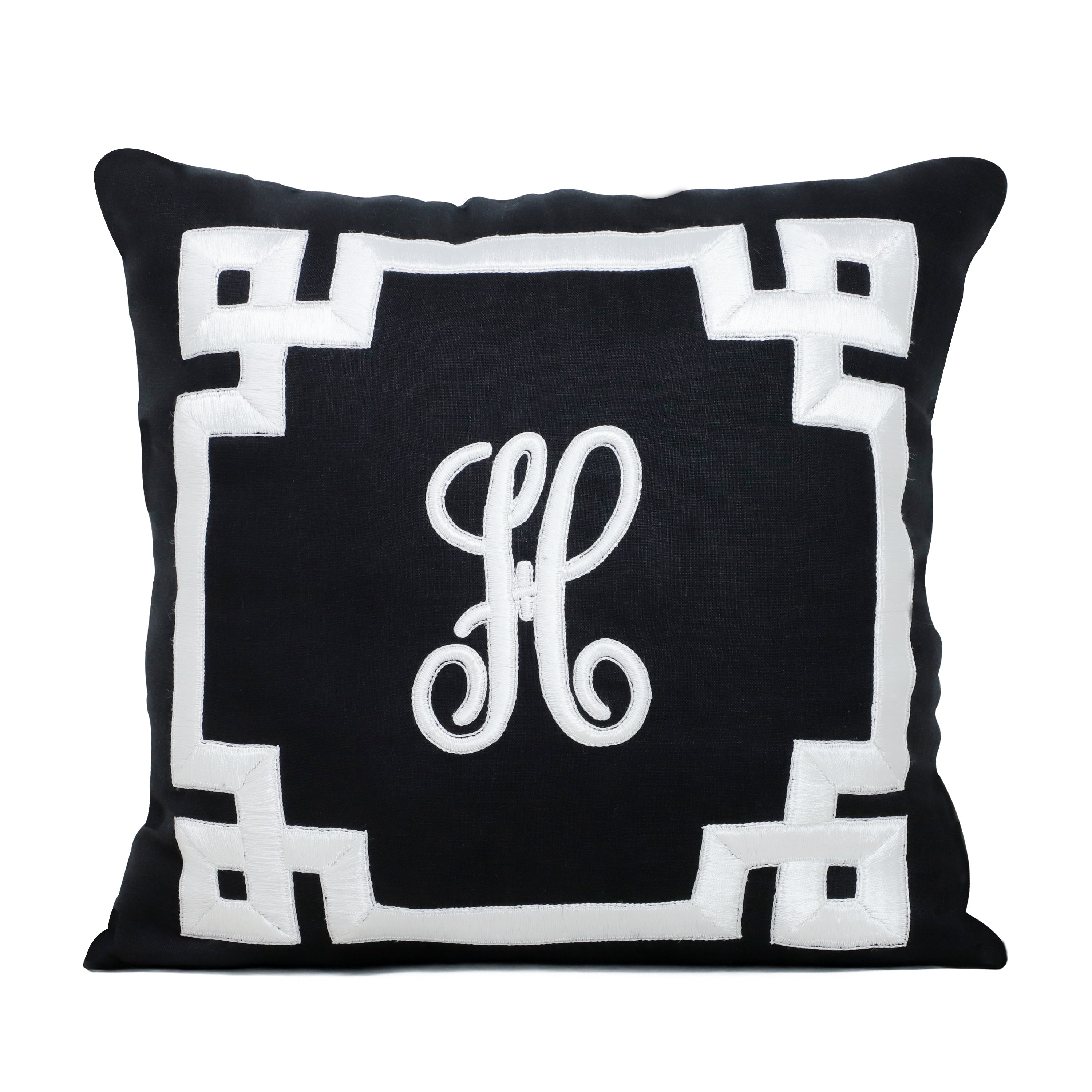 Hand Embroidered Greek Key Monogram Pillow Cover