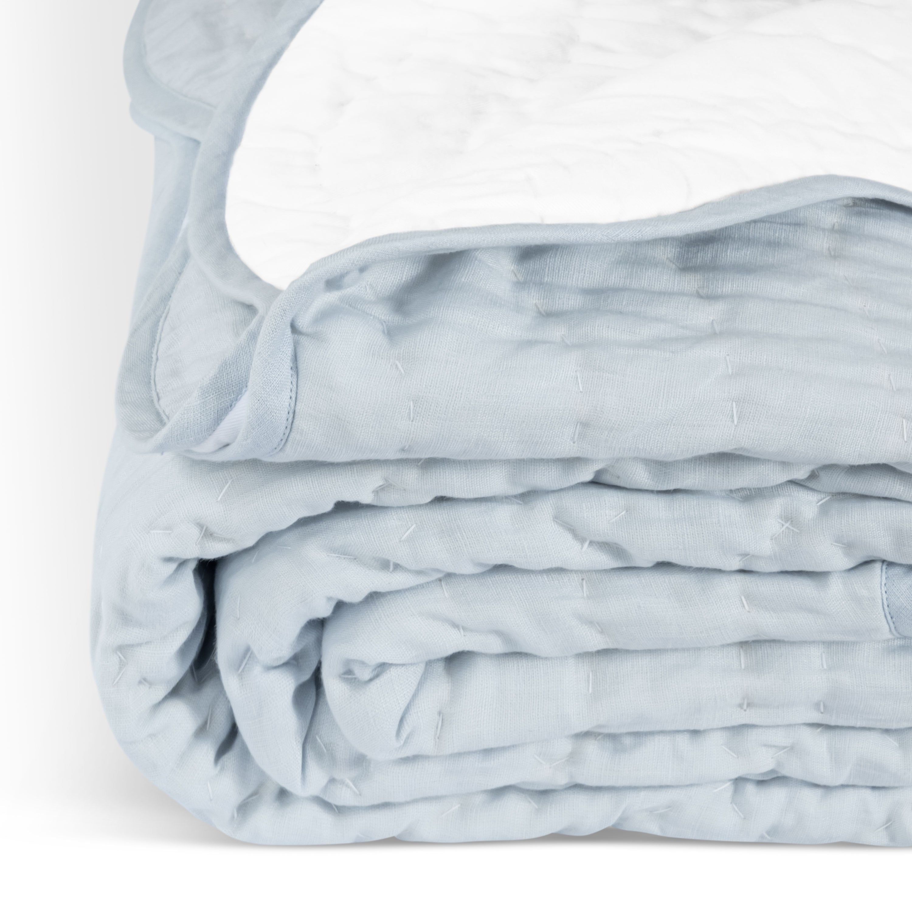 Custom Made Light Blue Scallop Linen Quilt  - All-Season Coverlet