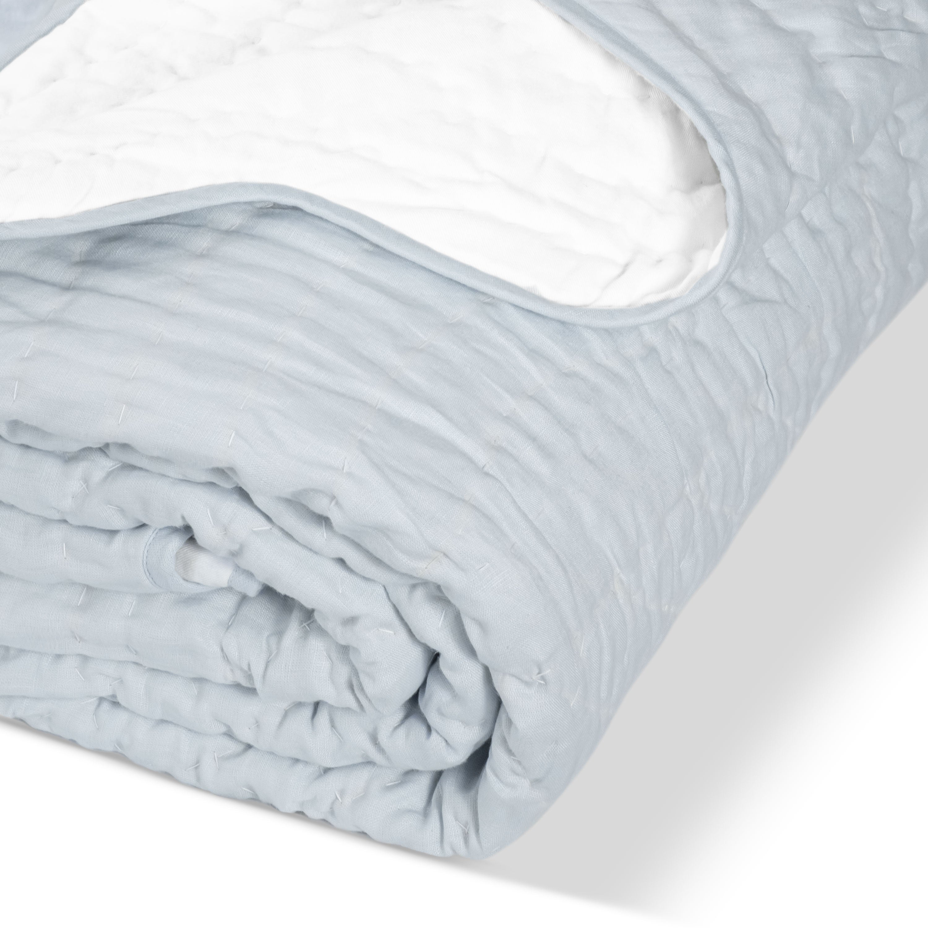 Custom Made Light Blue Scallop Linen Quilt  - All-Season Coverlet