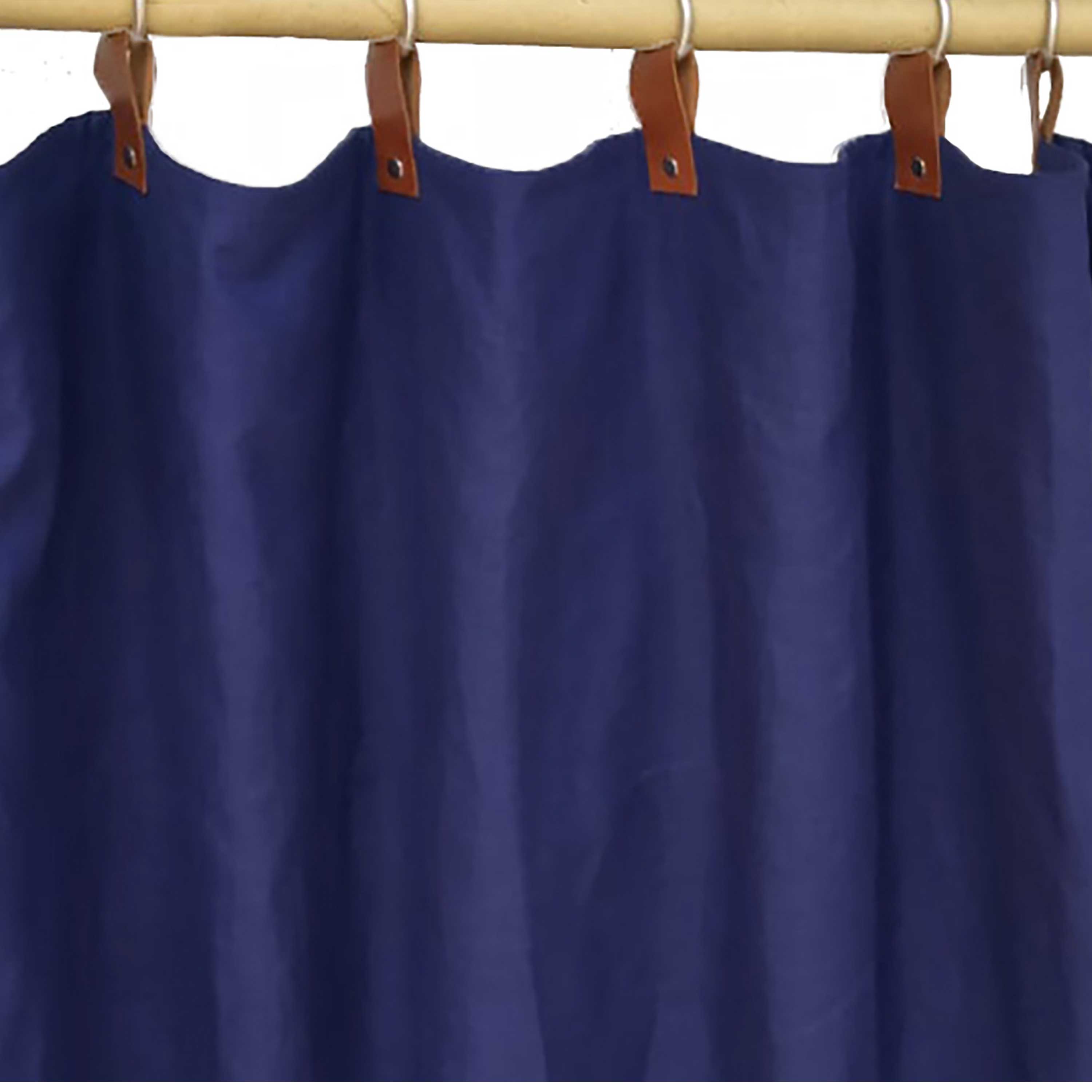 Custom Navy Blue Linen Curtains & Drapes With Leather Tab