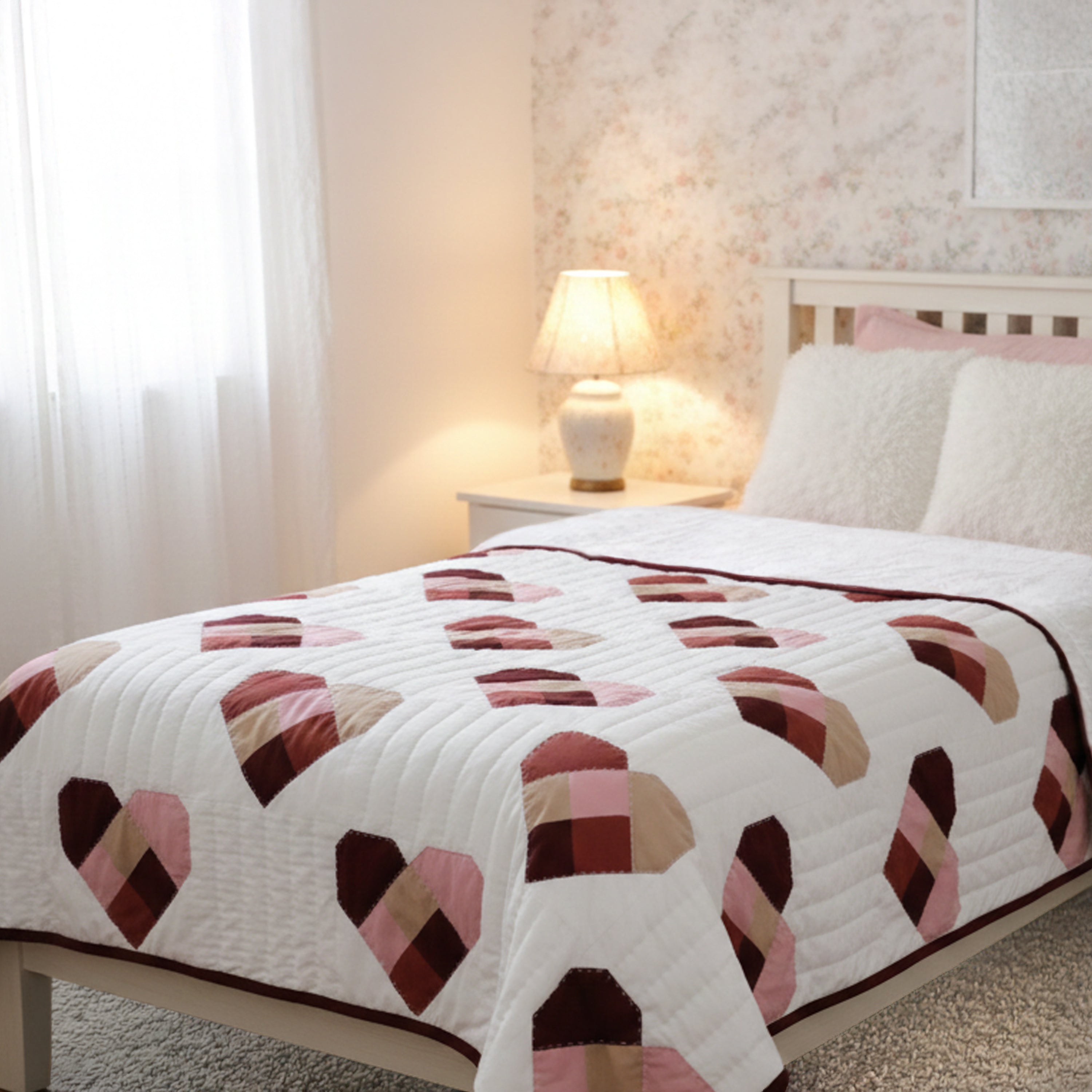 Handmade Cotton Heart Patch Quilt | Cozy Valentine's Quilt
