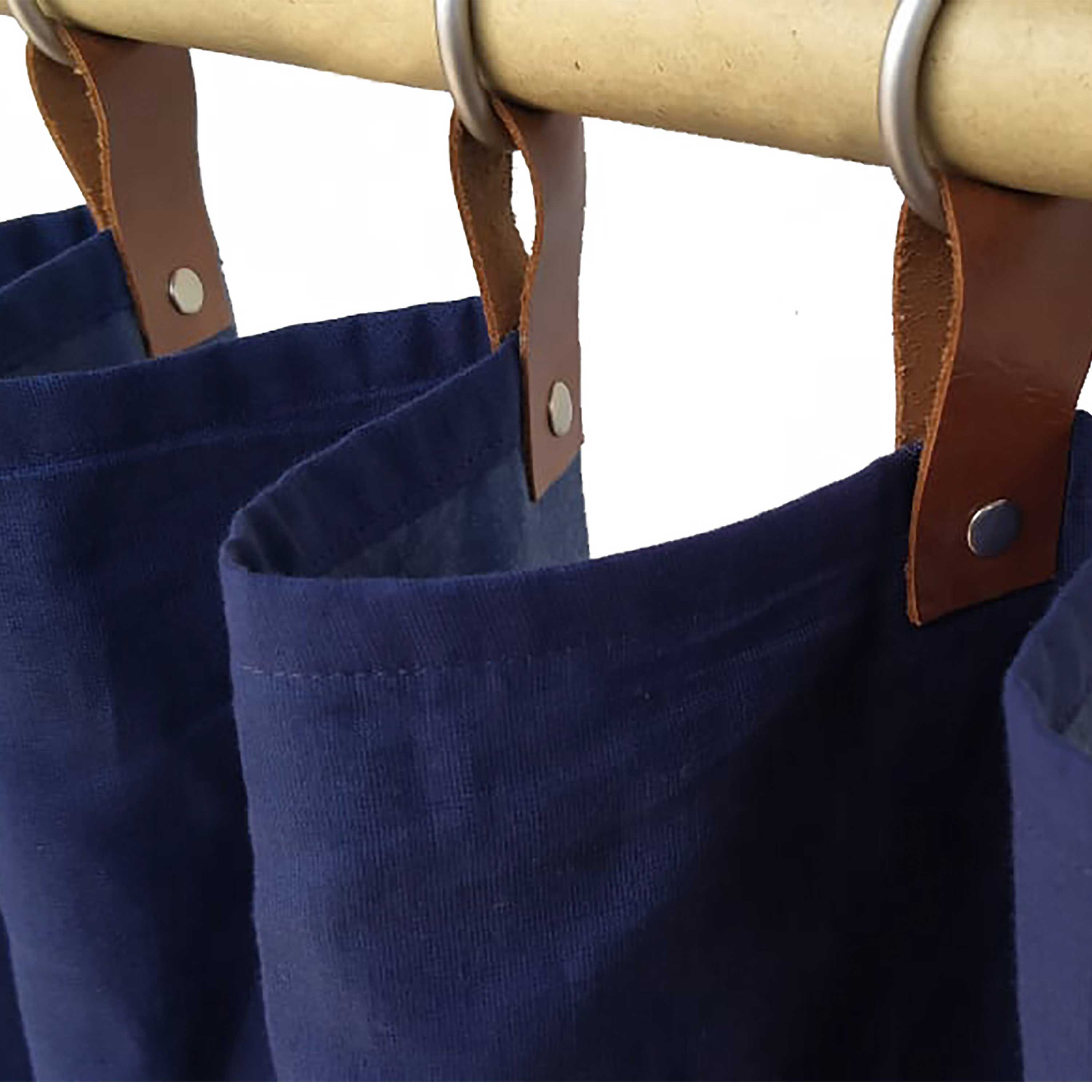 Custom Navy Blue Linen Curtains & Drapes With Leather Tab