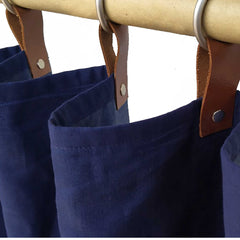 Custom Navy Blue Linen Curtains & Drapes With Leather Tab
