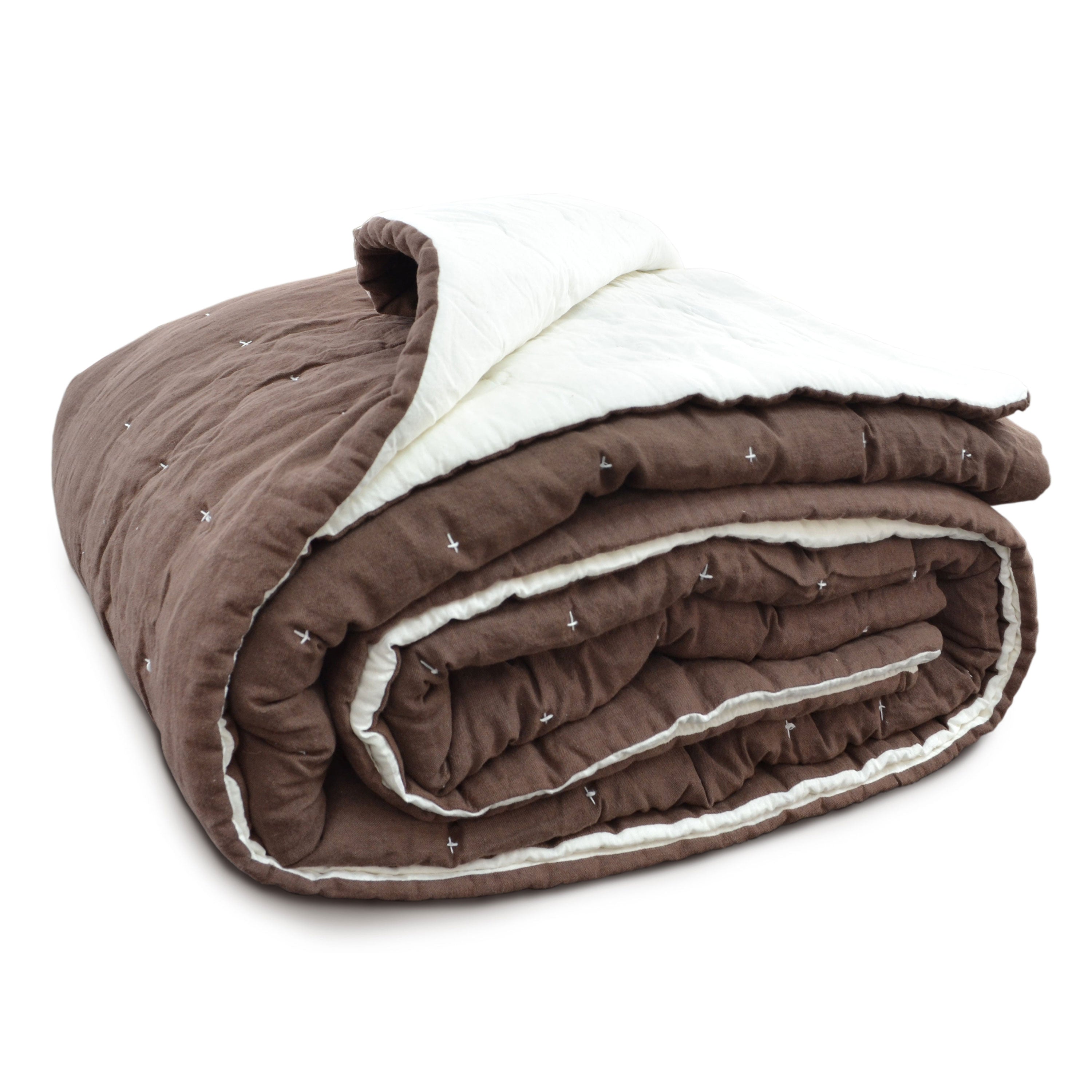 Handmade Brown Linen Quilt: European Flax & Hand-Stitched Detail