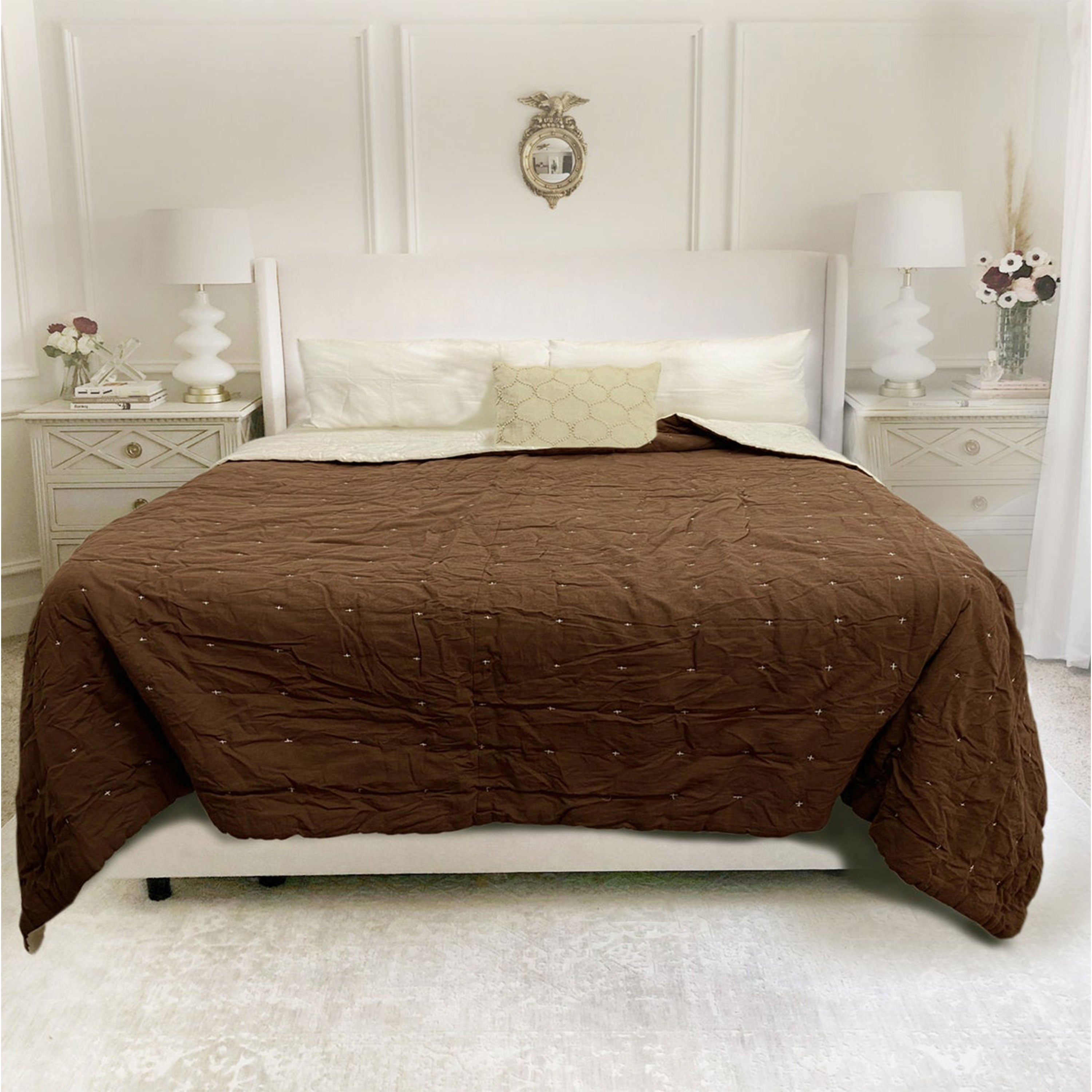 Handmade Brown Linen Quilt: European Flax & Hand-Stitched Detail