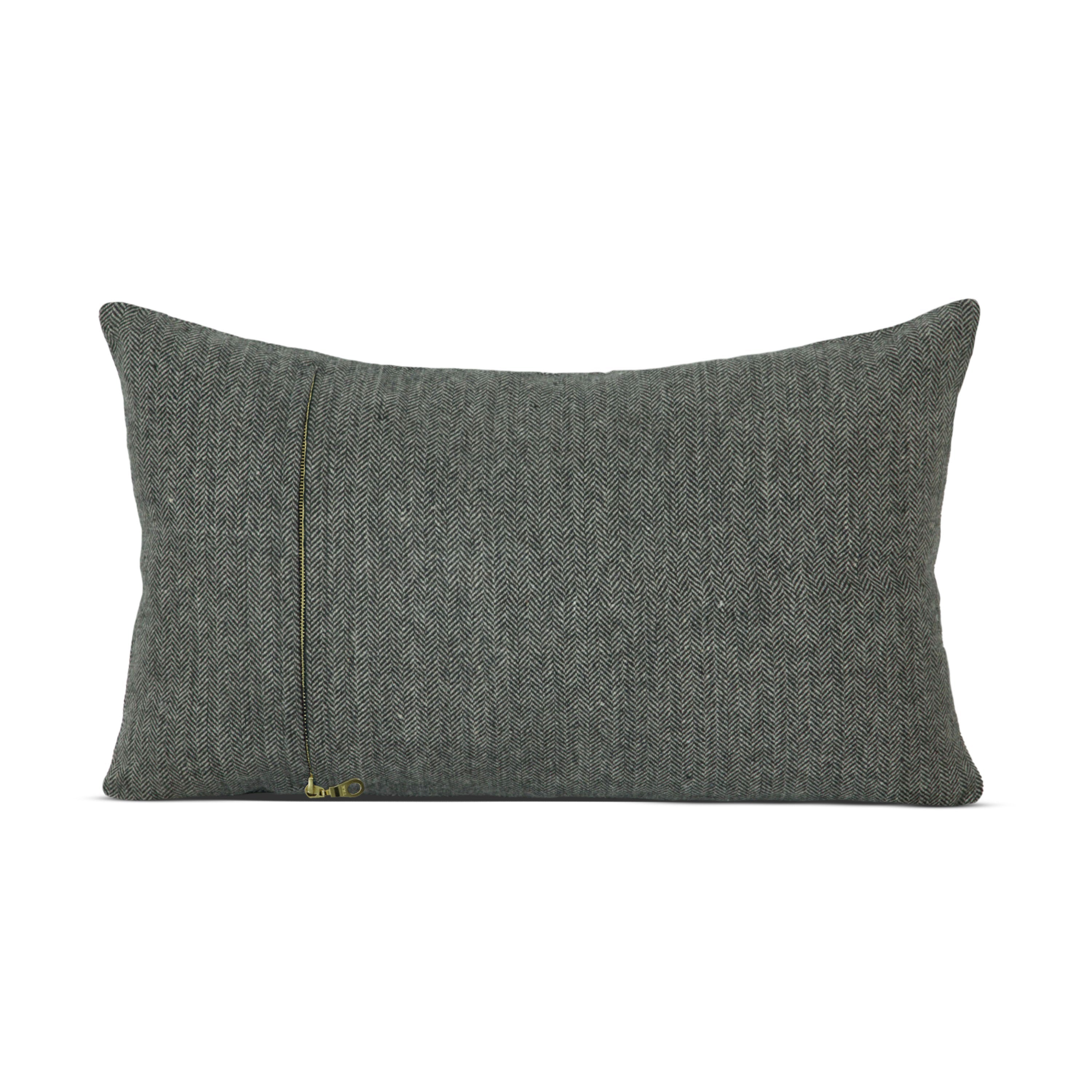 Grey Chevron Wool Throw Pillow Cover With Broad Leather Trim
