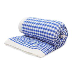 Blue Gingham Cotton Quilt - Classic Check Reversible Bedspread with Flange Edge
