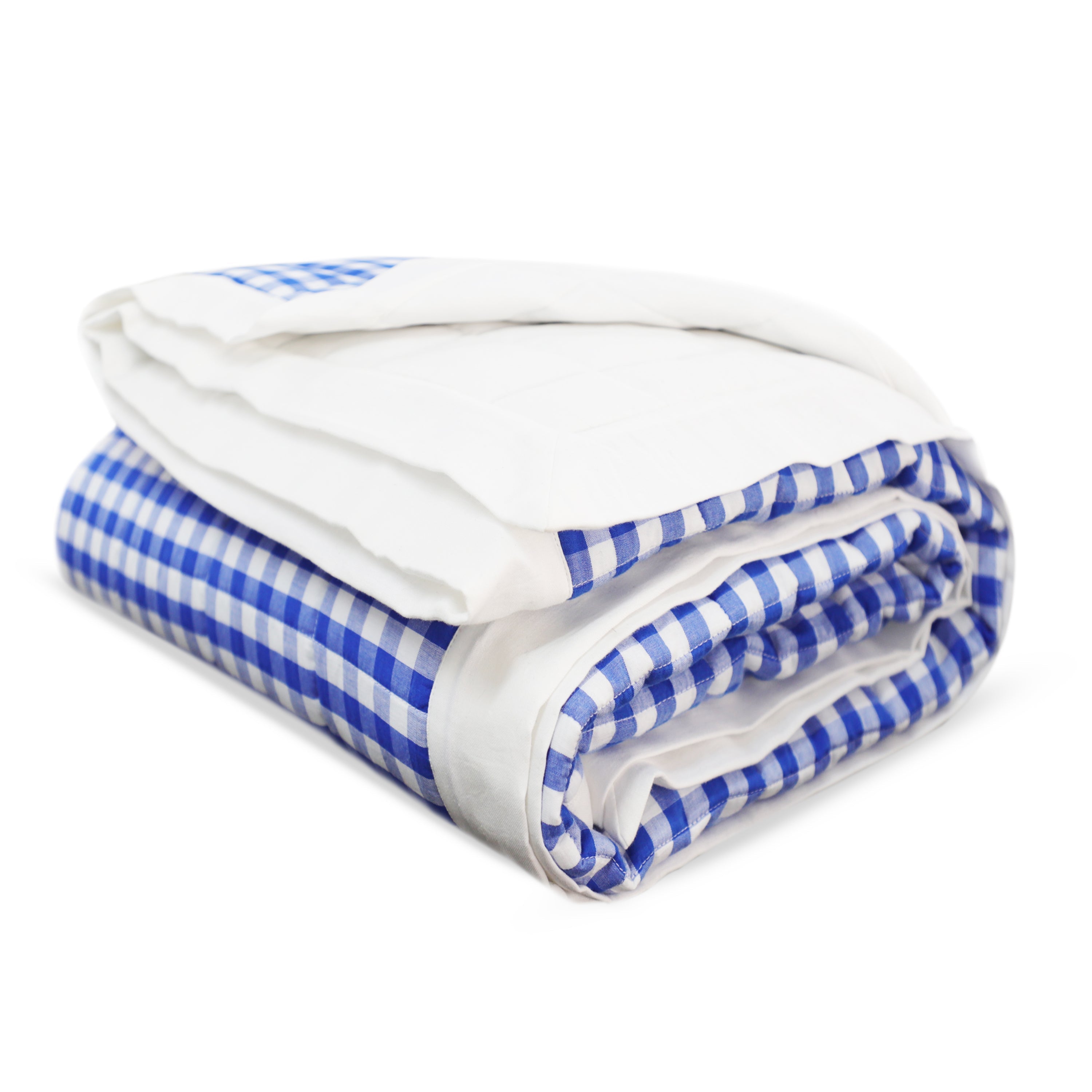 Blue Gingham Cotton Quilt - Classic Check Reversible Bedspread with Flange Edge