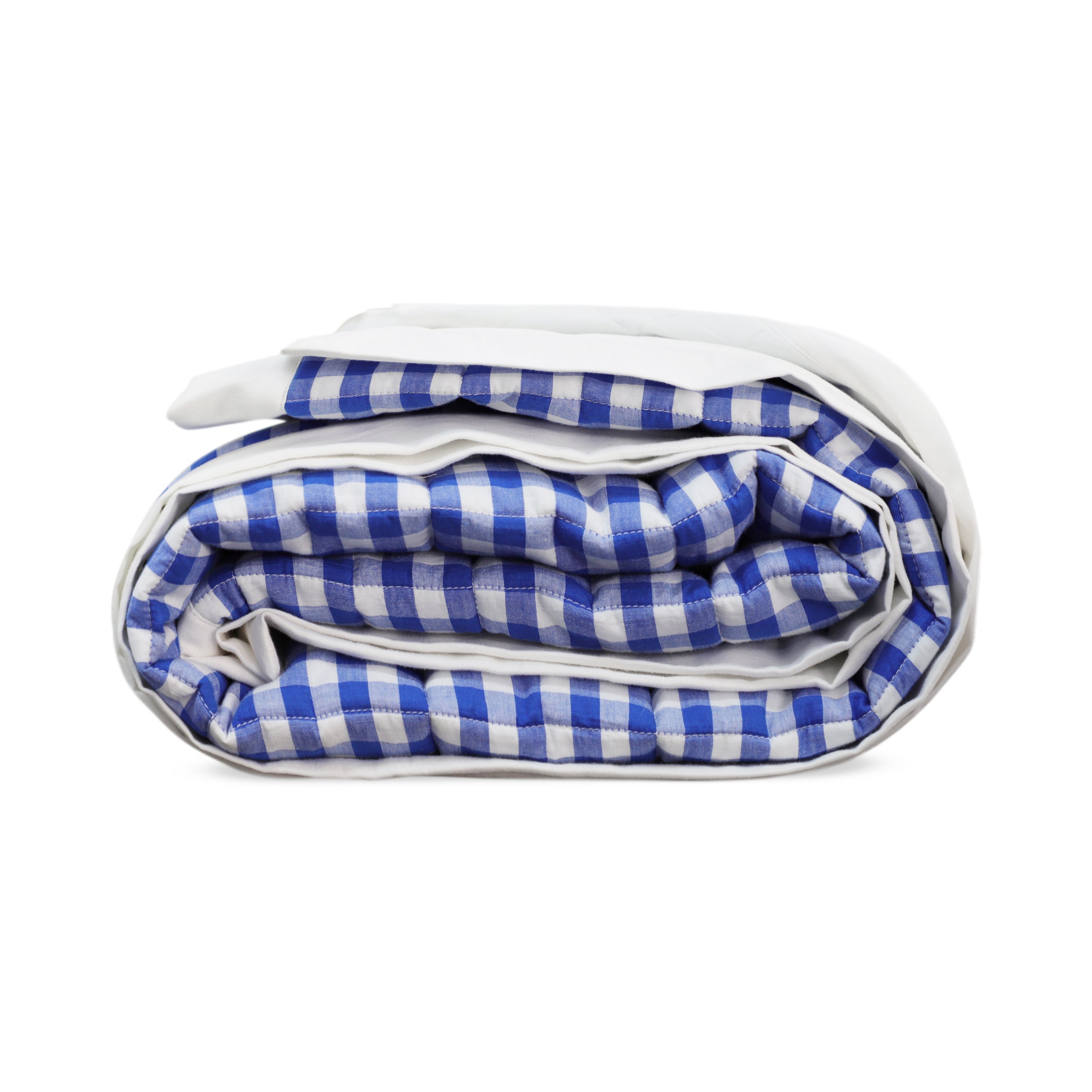 Blue Gingham Cotton Quilt - Classic Check Reversible Bedspread with Flange Edge