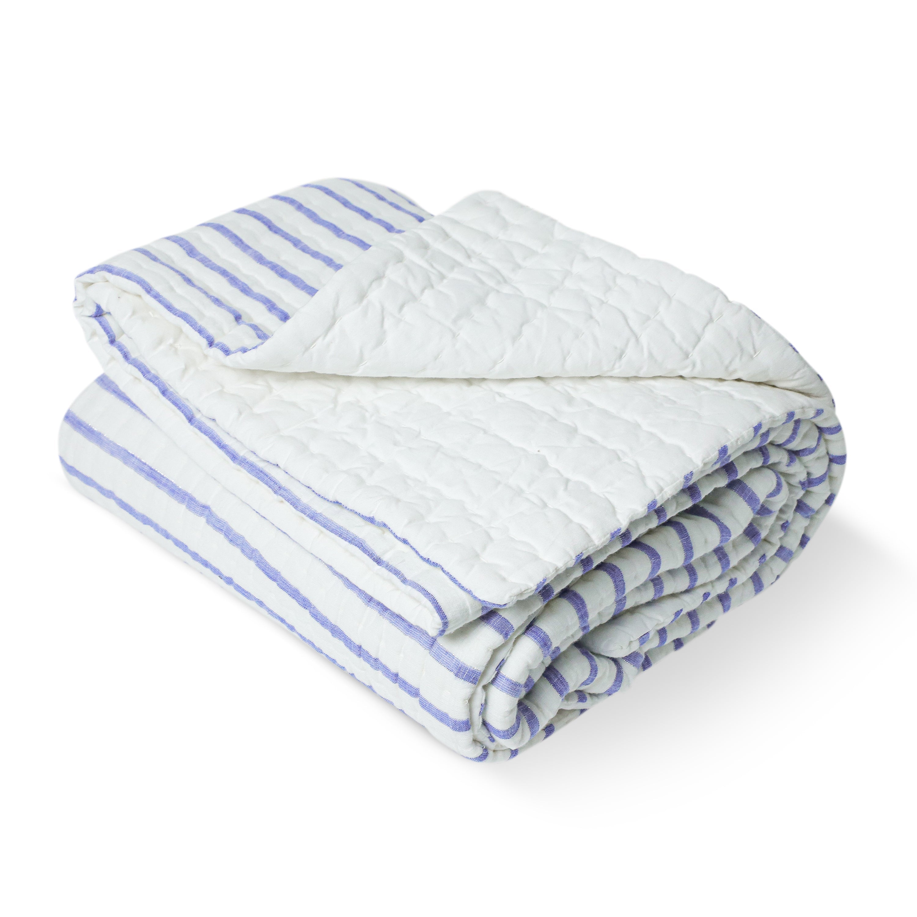 Handmade Blue and White Cotton Quilt Comforter with Striped Pattern