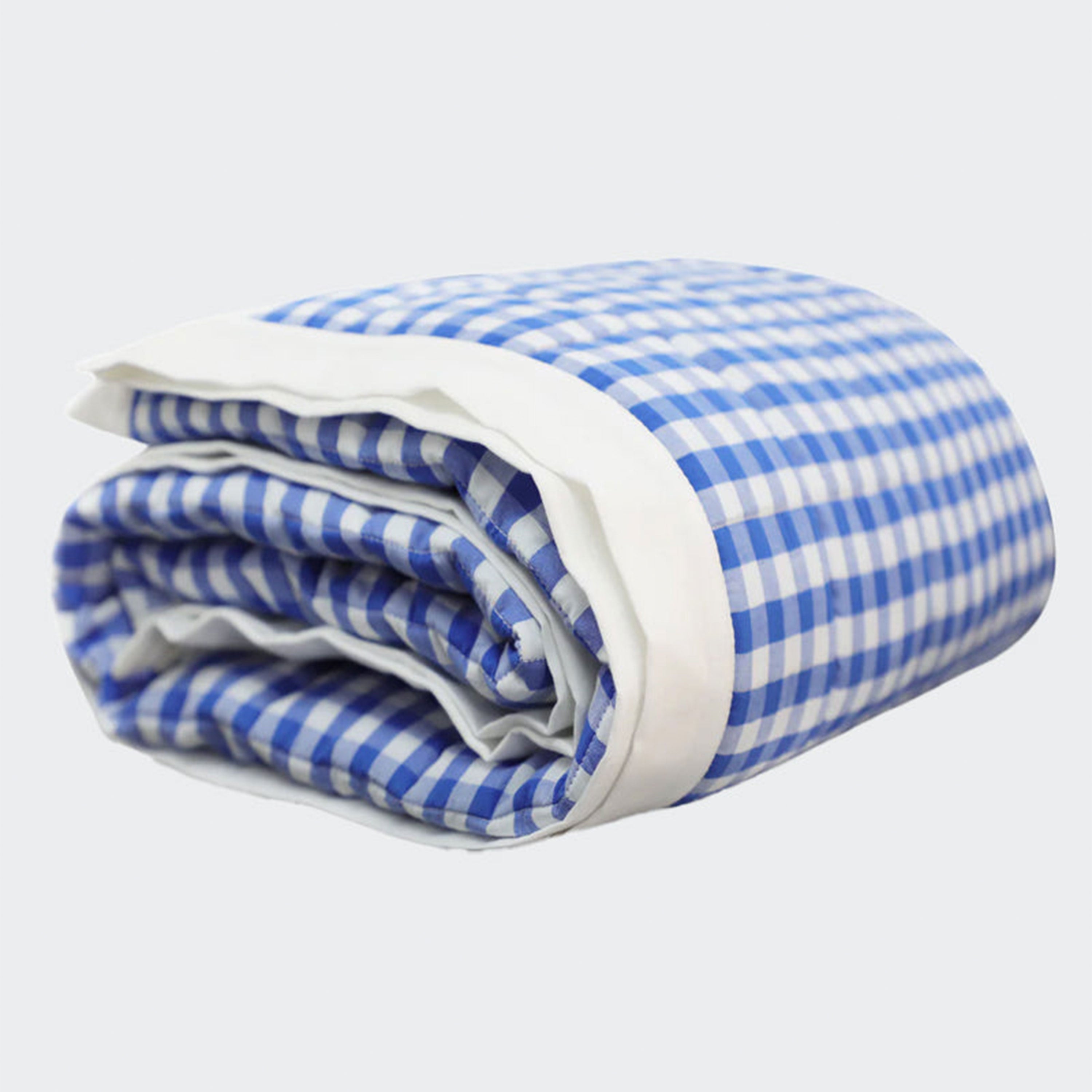 Blue Gingham Cotton Quilt - Classic Check Reversible Bedspread with Flange Edge