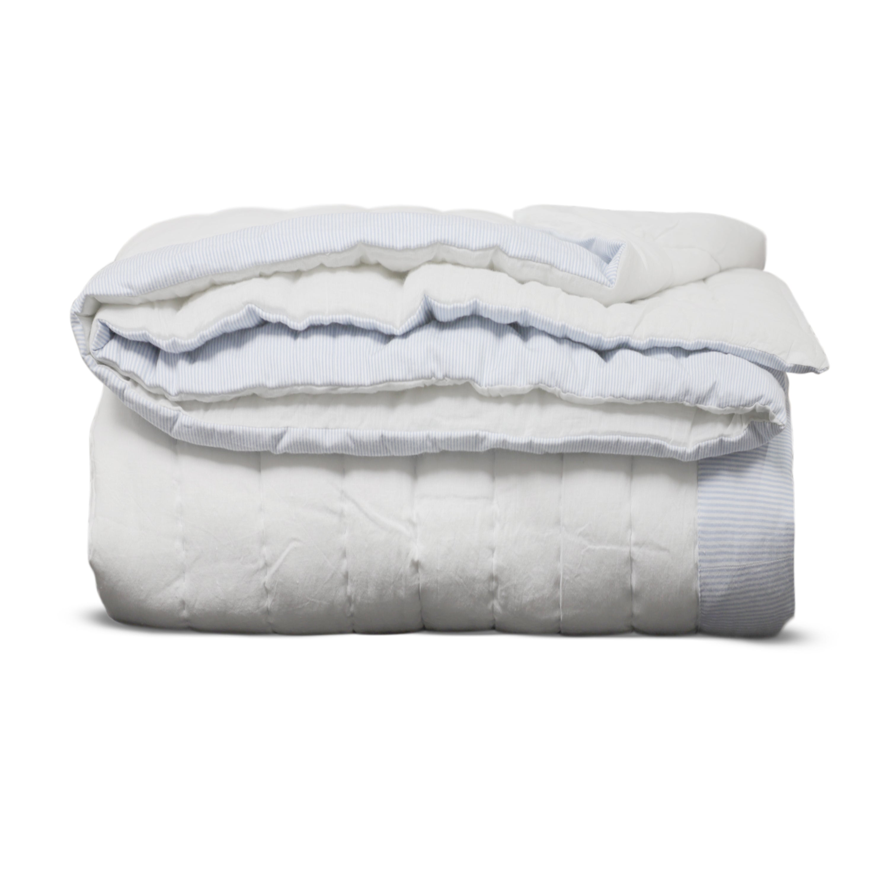 Blue & White Artisan Cotton Quilt - Modern Minimalist Bedding with Striped Edge