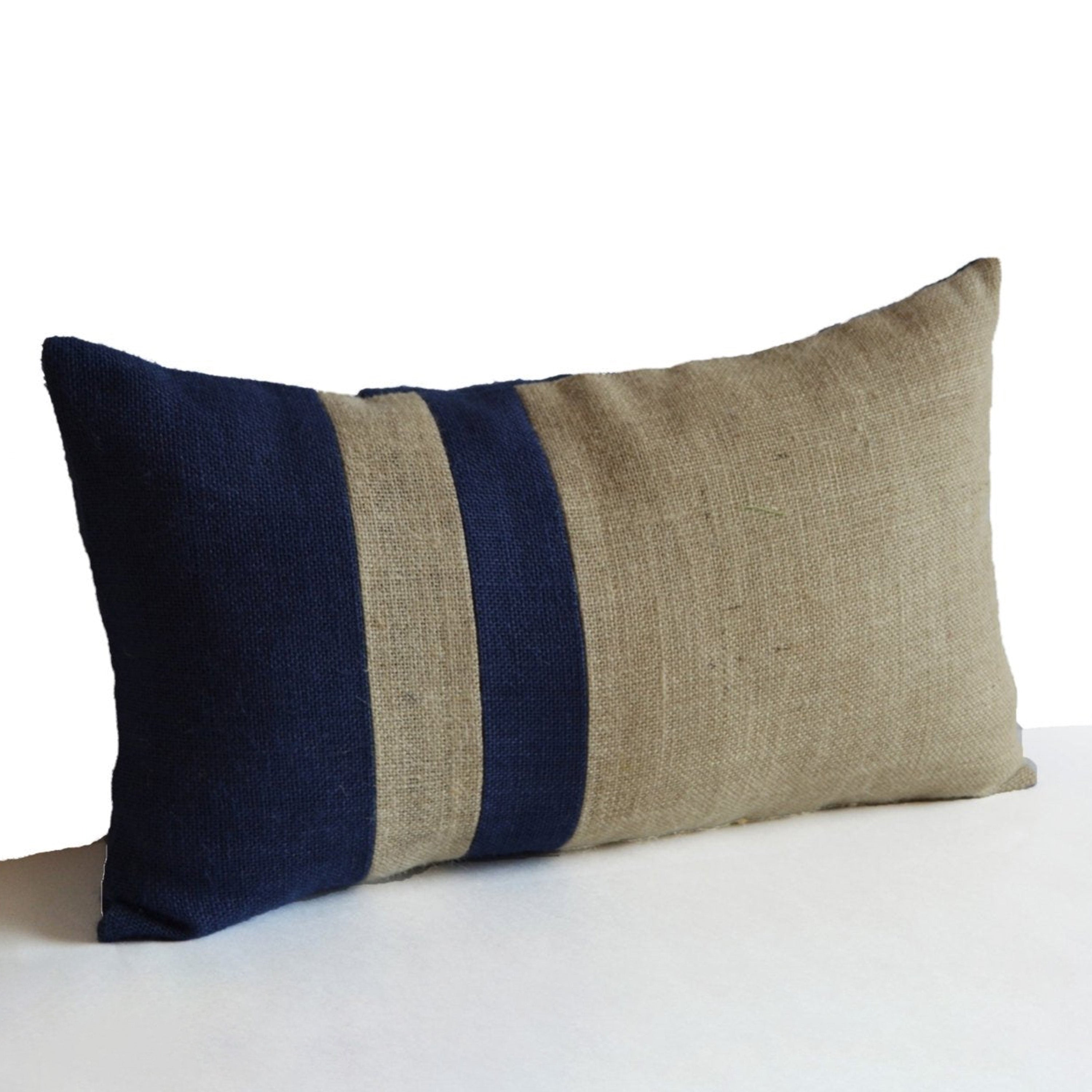 Burlap Pillow Cover, Navy Blue Ivory Pillow, Nautical Pillow, Beach Pillow, Lumbar Pillow
