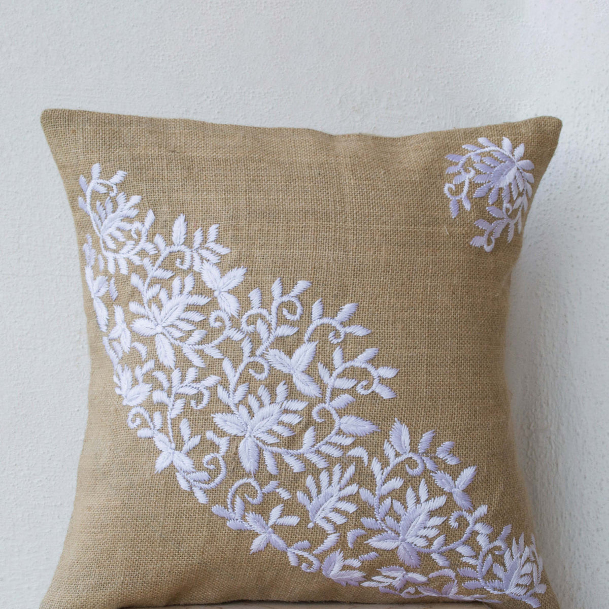 Burlap Pillows Embroidered White flower Leaves Cushion For A Modern Decor