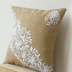 Burlap Pillows Embroidered White flower Leaves Cushion For A Modern Decor