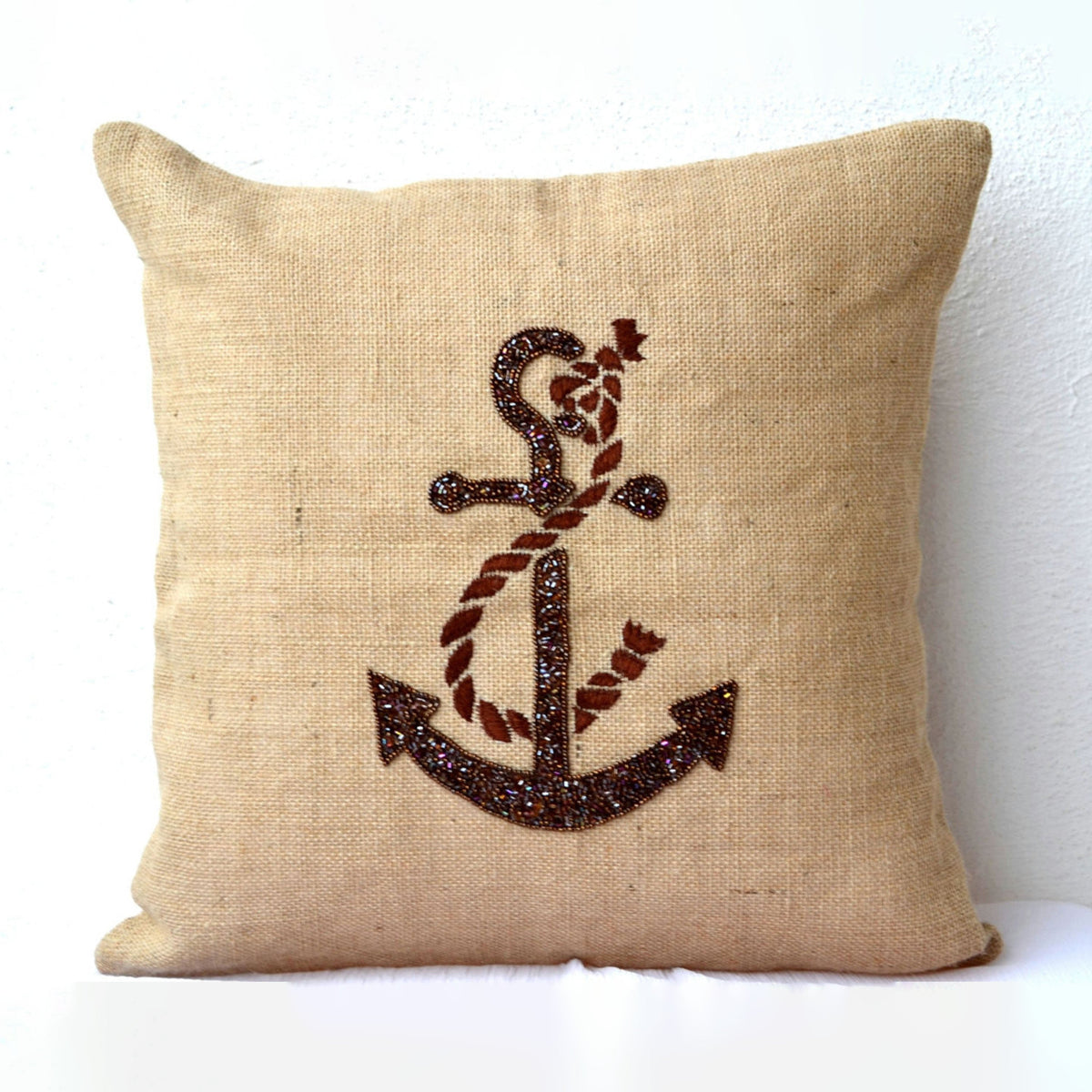 Buy handmade burlap nautical throw pillow covers with anchor sequin