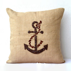 Buy handmade burlap nautical throw pillow covers with anchor sequin