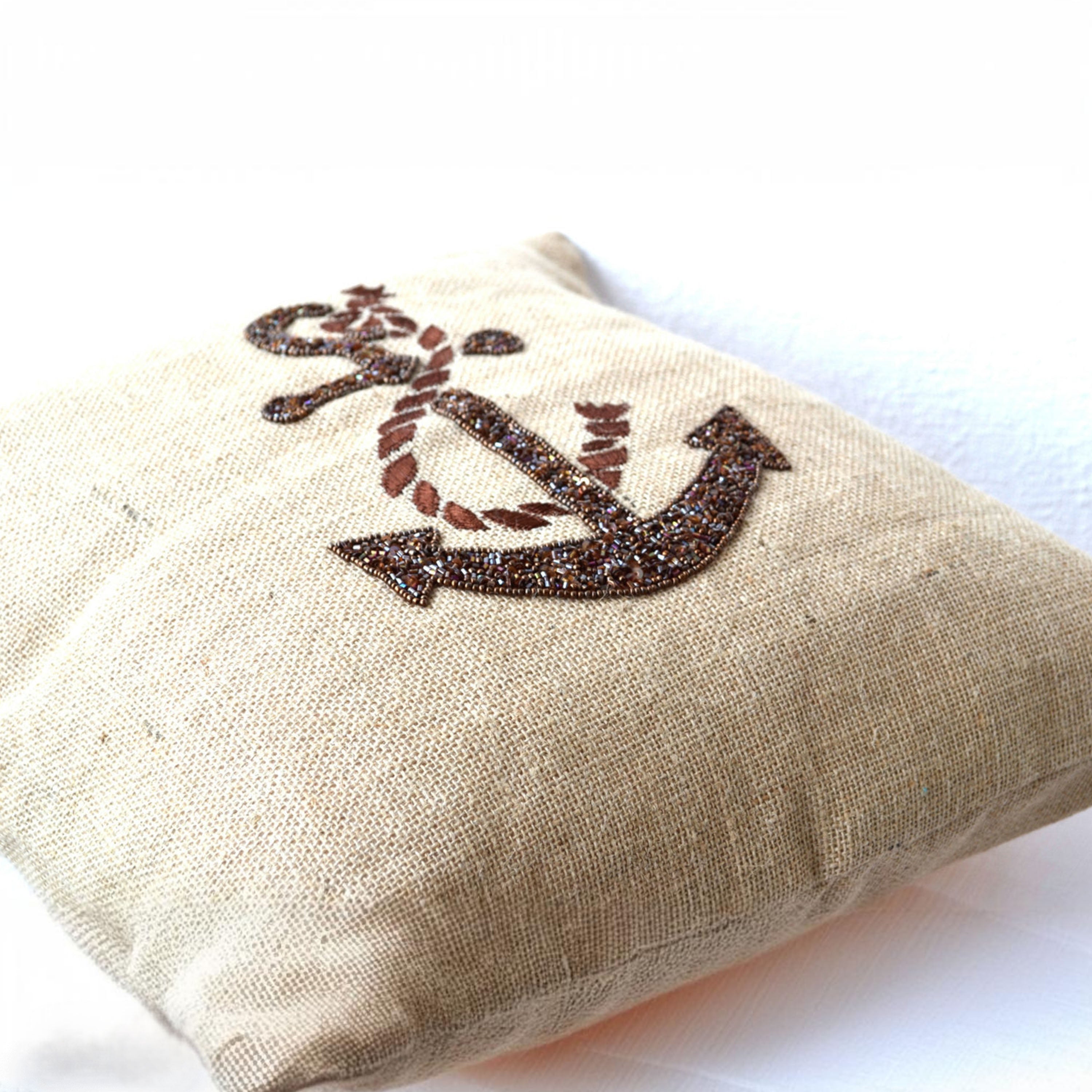 Buy handmade burlap nautical throw pillow covers with anchor sequin