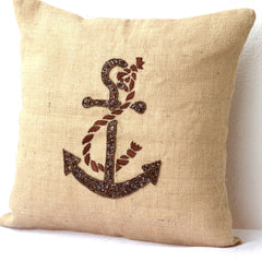 Buy handmade burlap nautical throw pillow covers with anchor sequin