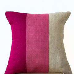 Chic Pink Burlap Throw Pillows Color Block With Pink Hues In Geometric Bold Stripes