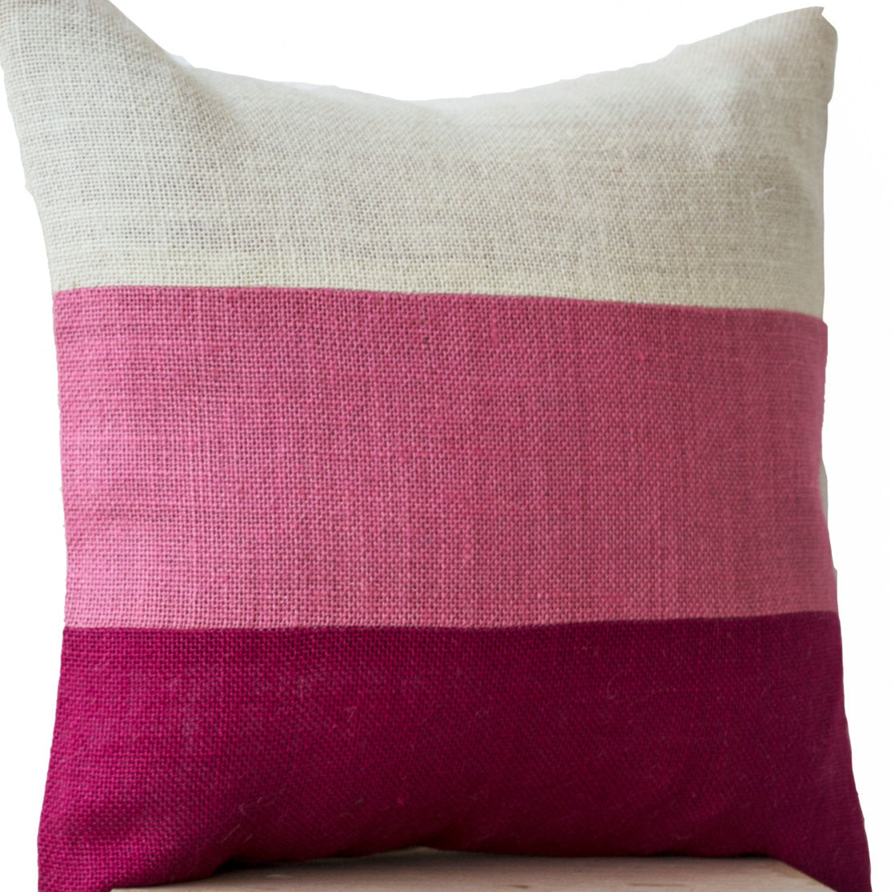 Chic Pink Burlap Throw Pillows Color Block With Pink Hues In Geometric Bold Stripes
