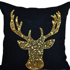 Christmas Burlap Pillow Cover with Gold Deer Sequins Embroidery
