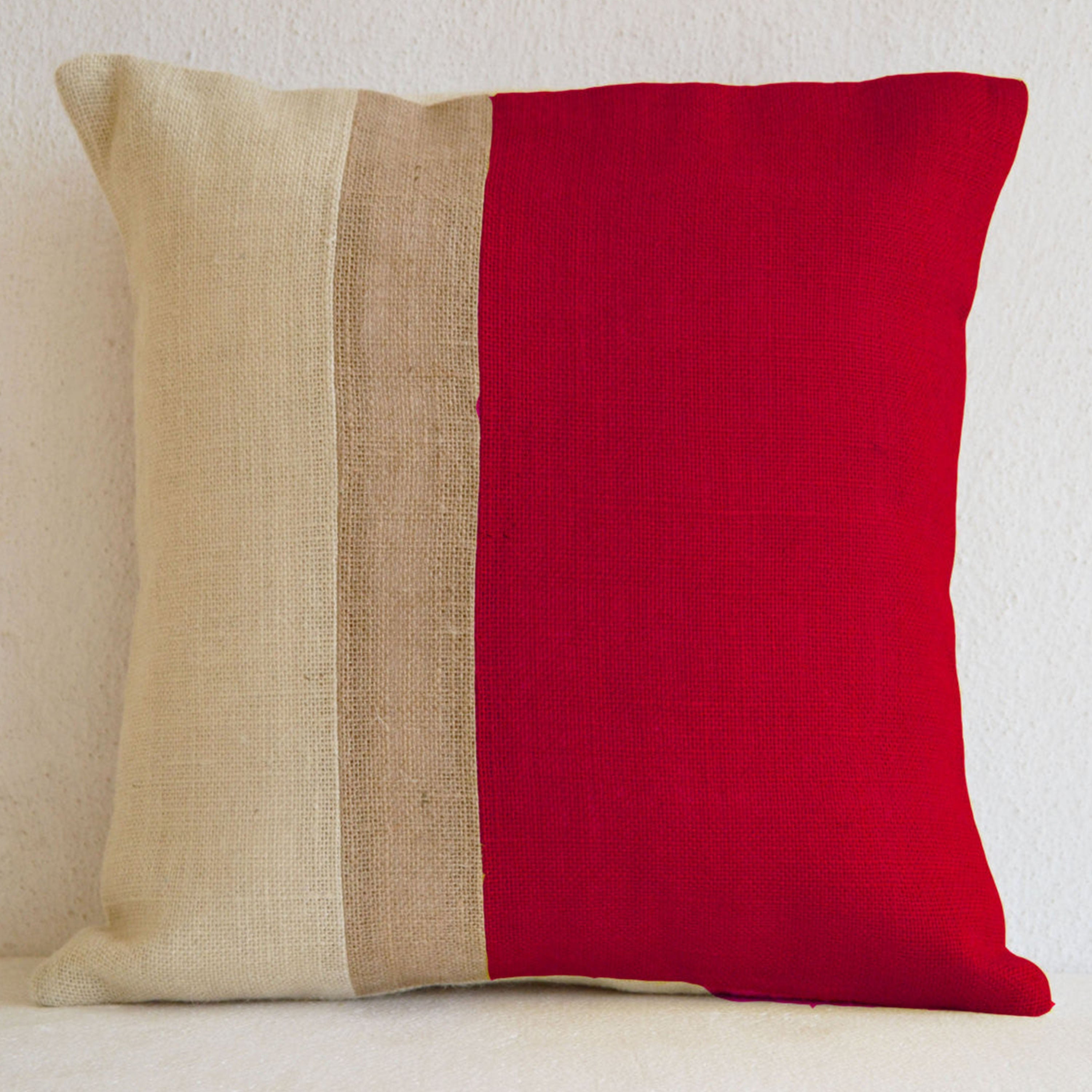 Color Block Red Burlap Pillow Red Decorative Cushion Cover