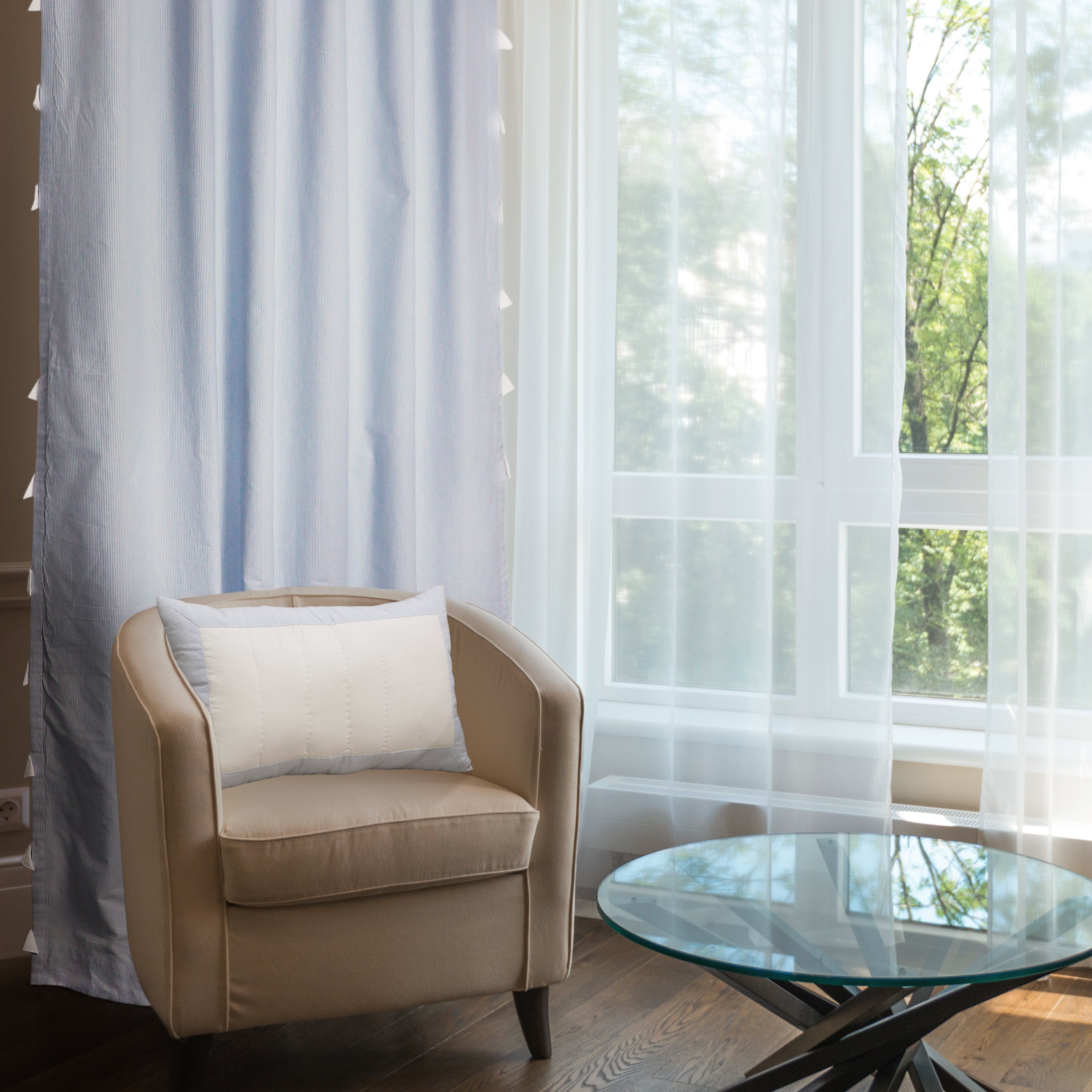 Blue & White Artisan Cotton Quilt - Modern Minimalist Bedding with Striped Edge