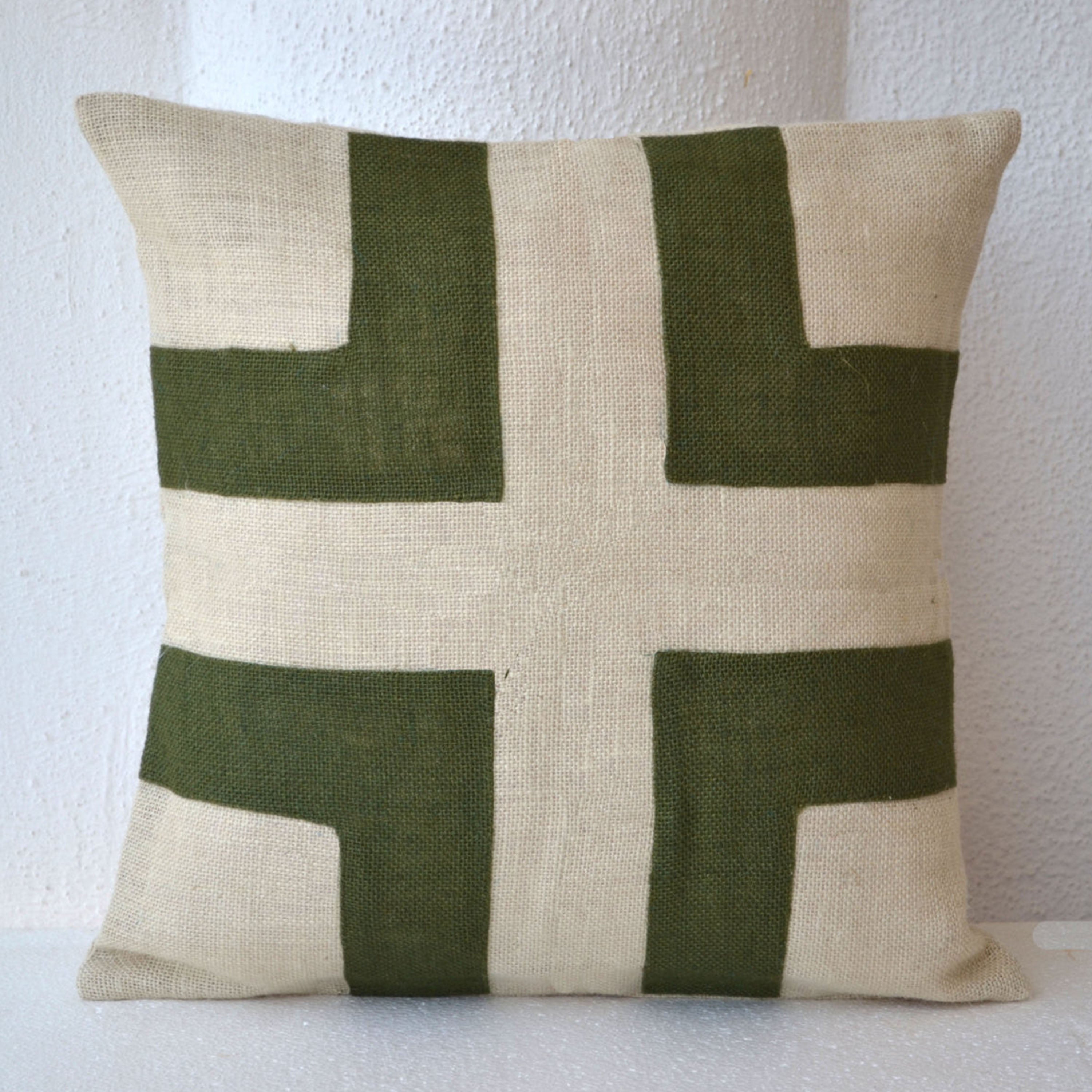 Cream Burlap Cushion Cover With Green Applique Decorative Cushion Cover In Bold Geometric Design