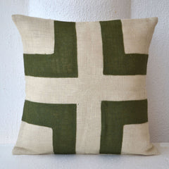 Cream Burlap Cushion Cover With Green Applique Decorative Cushion Cover In Bold Geometric Design