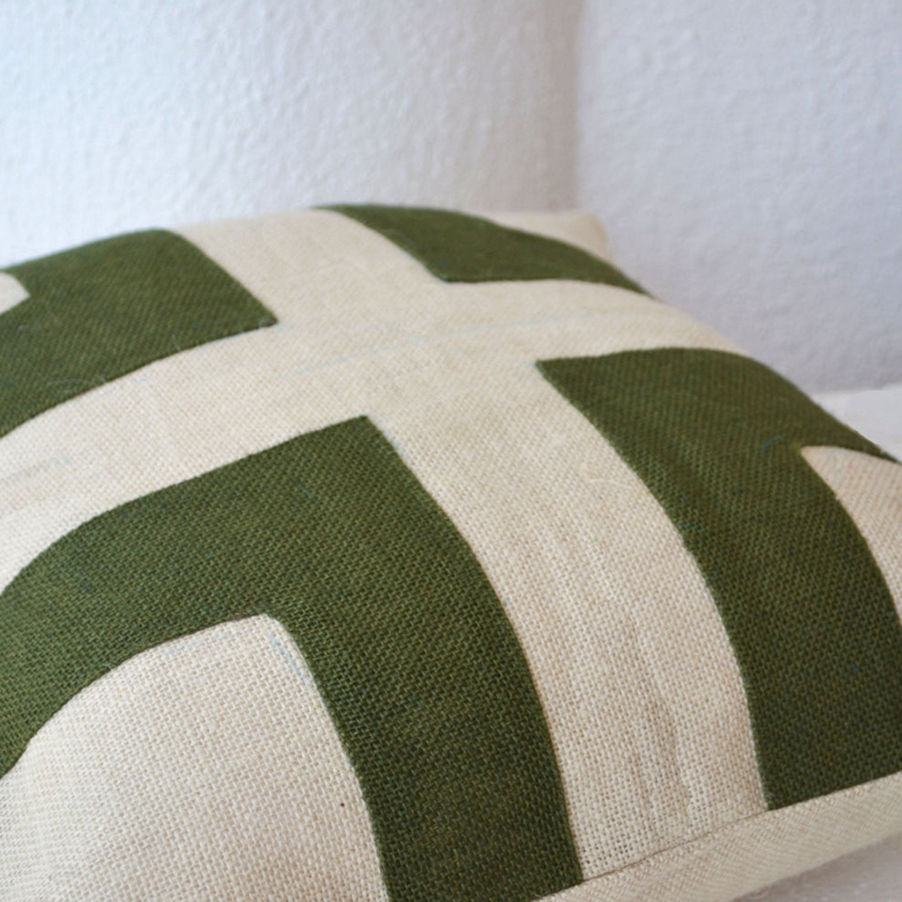 Cream Burlap Cushion Cover With Green Applique Decorative Cushion Cover In Bold Geometric Design