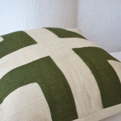 Cream Burlap Cushion Cover With Green Applique Decorative Cushion Cover In Bold Geometric Design