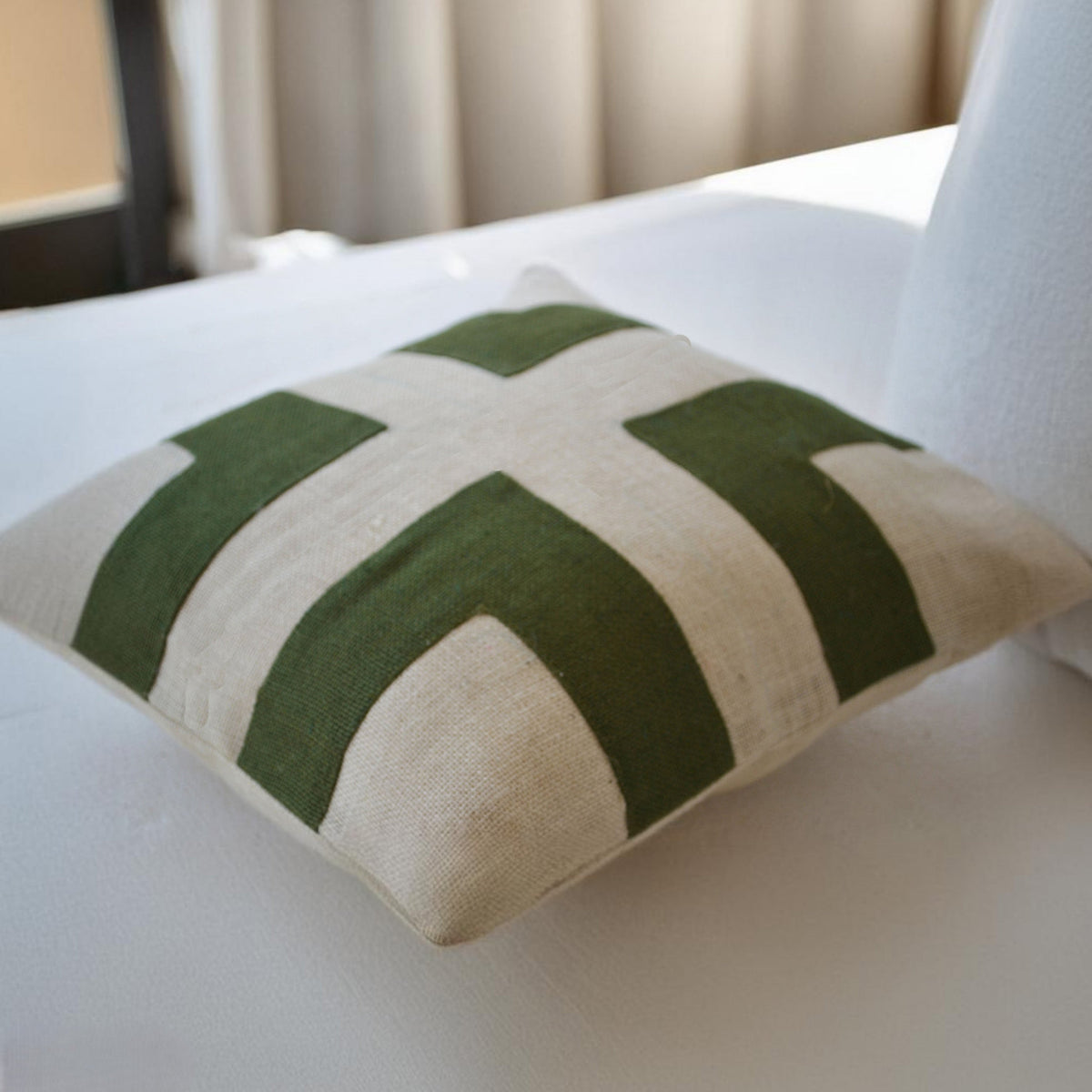 Cream Burlap Cushion Cover With Green Applique Decorative Cushion Cover In Bold Geometric Design