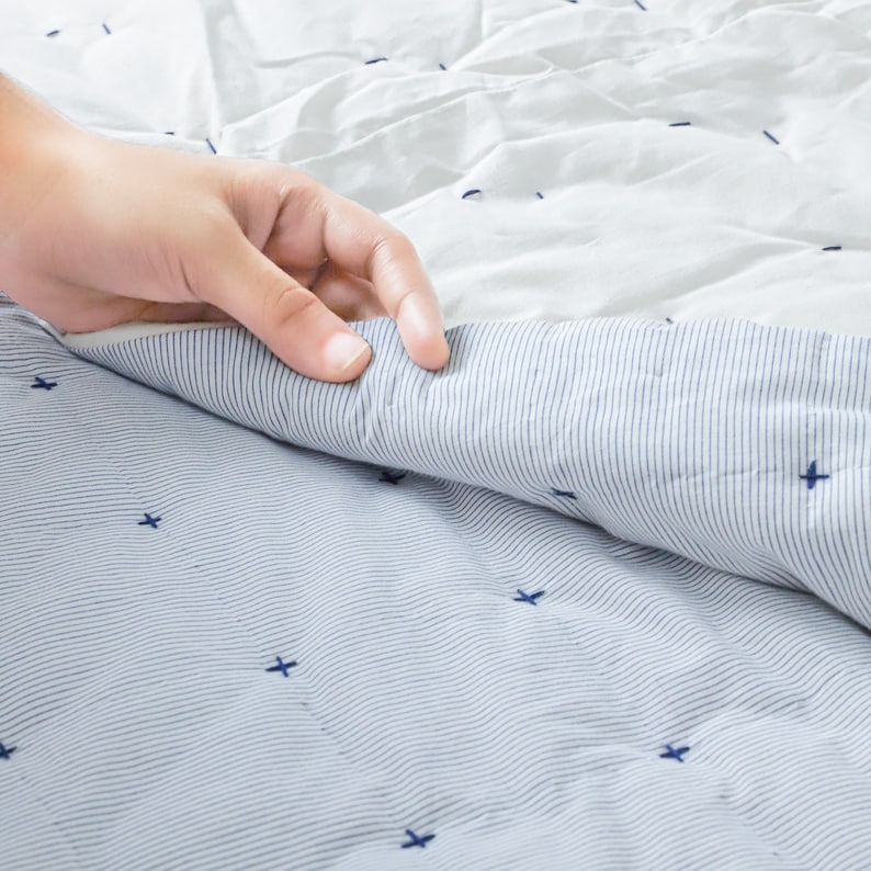 Handmade Blue & White Pin Stripe Cotton Quilt - Cross Quilting | Ivory Voile Reverse | Coastal & Classic Bedroom Bedding | Custom Sizes