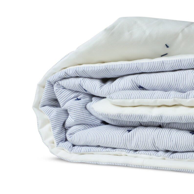 Handmade Blue & White Pin Stripe Cotton Quilt - Cross Quilting | Ivory Voile Reverse | Coastal & Classic Bedroom Bedding | Custom Sizes