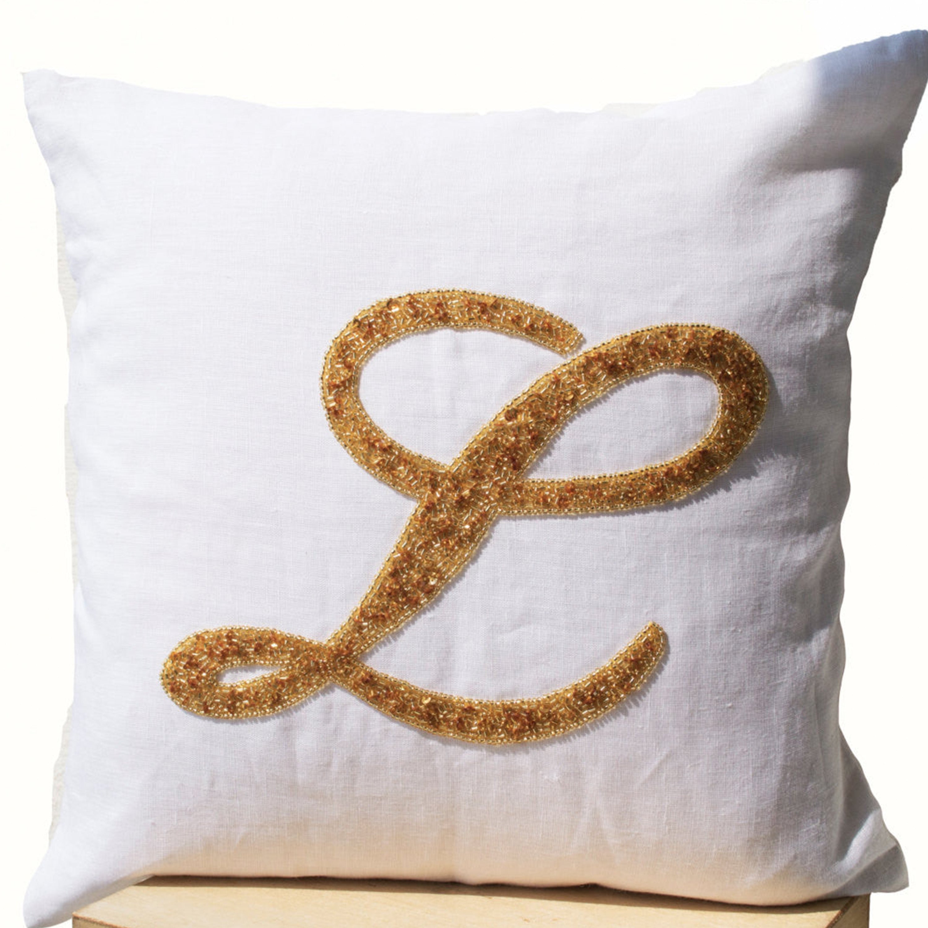 Custom Monogram Sequin Throw Pillow Cover On Linen