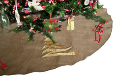 Christmas Tree Skirt In Natural Burlap With Christmas Tree And Ribbon Embroidered