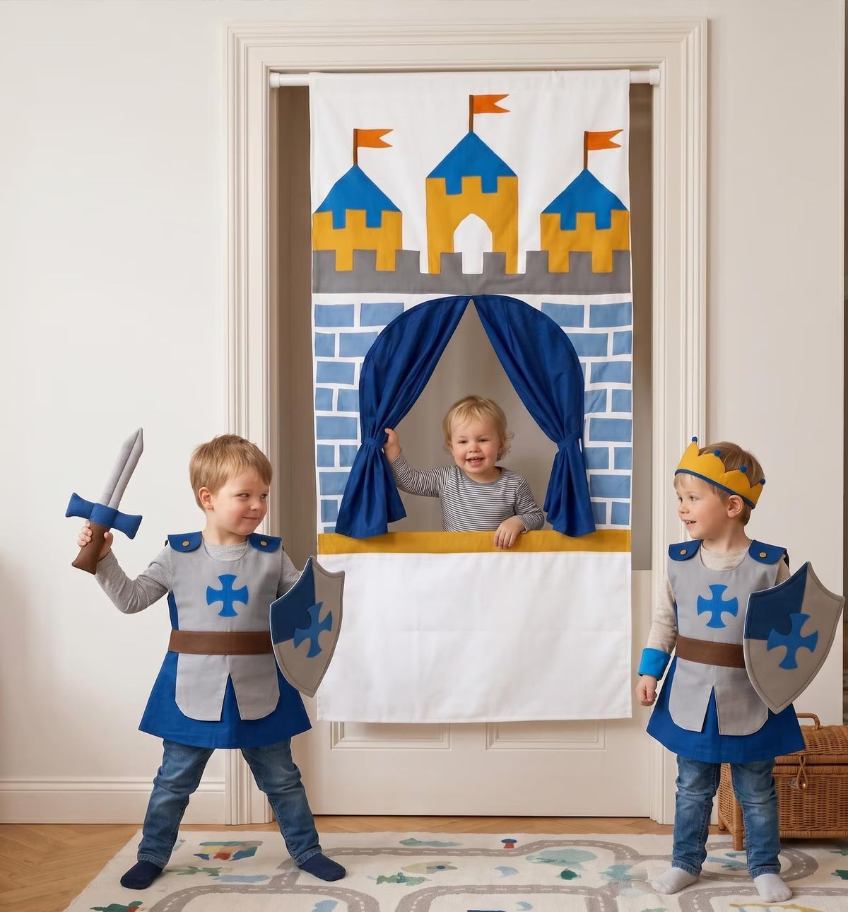 Doorway Puppet Theatre with Sword, Shield, Crown & Armor | Puppet Play Curtain | Ready-to-Gift Set for Boys and Girls