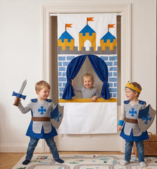 Doorway Puppet Theatre with Sword, Shield, Crown & Armor | Puppet Play Curtain | Ready-to-Gift Set for Boys and Girls