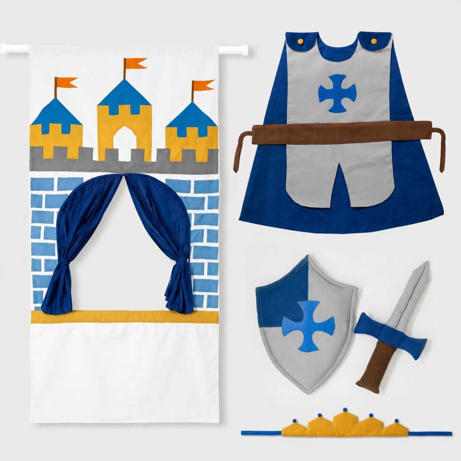 Doorway Puppet Theatre with Sword, Shield, Crown & Armor | Puppet Play Curtain | Ready-to-Gift Set for Boys and Girls