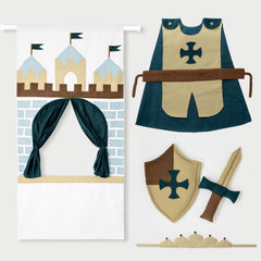 Doorway Puppet Theatre with Sword, Shield, Crown & Armor | Puppet Play Curtain | Ready-to-Gift Set for Boys and Girls