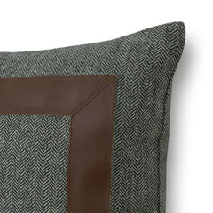 Grey Chevron Wool Throw Pillow Cover With Broad Leather Trim